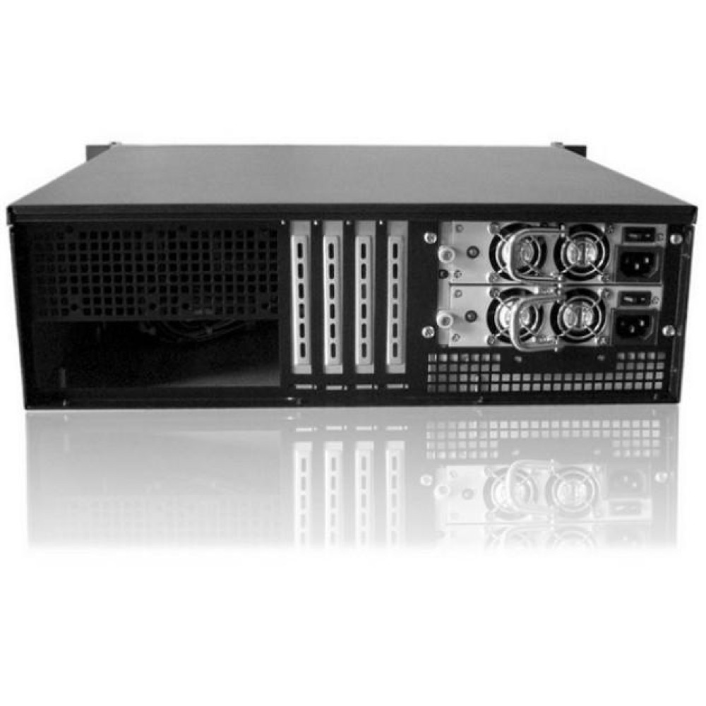 Vista posteriore di un case server nero con più slot, ventole e dettagli dell'alimentatore.