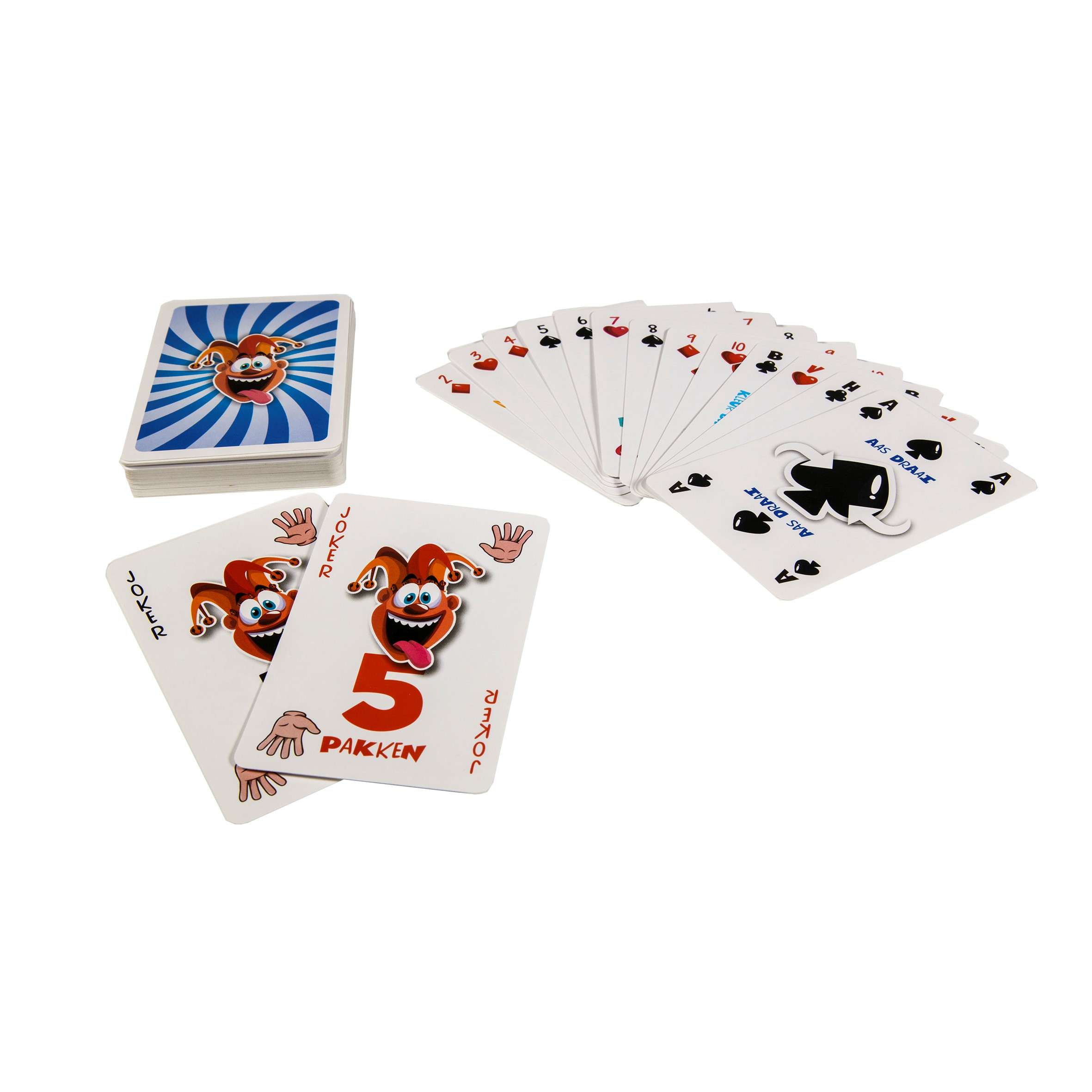 Speelkaarten: pak en waaier van kaarten. Twee jokerkaarten zichtbaar.