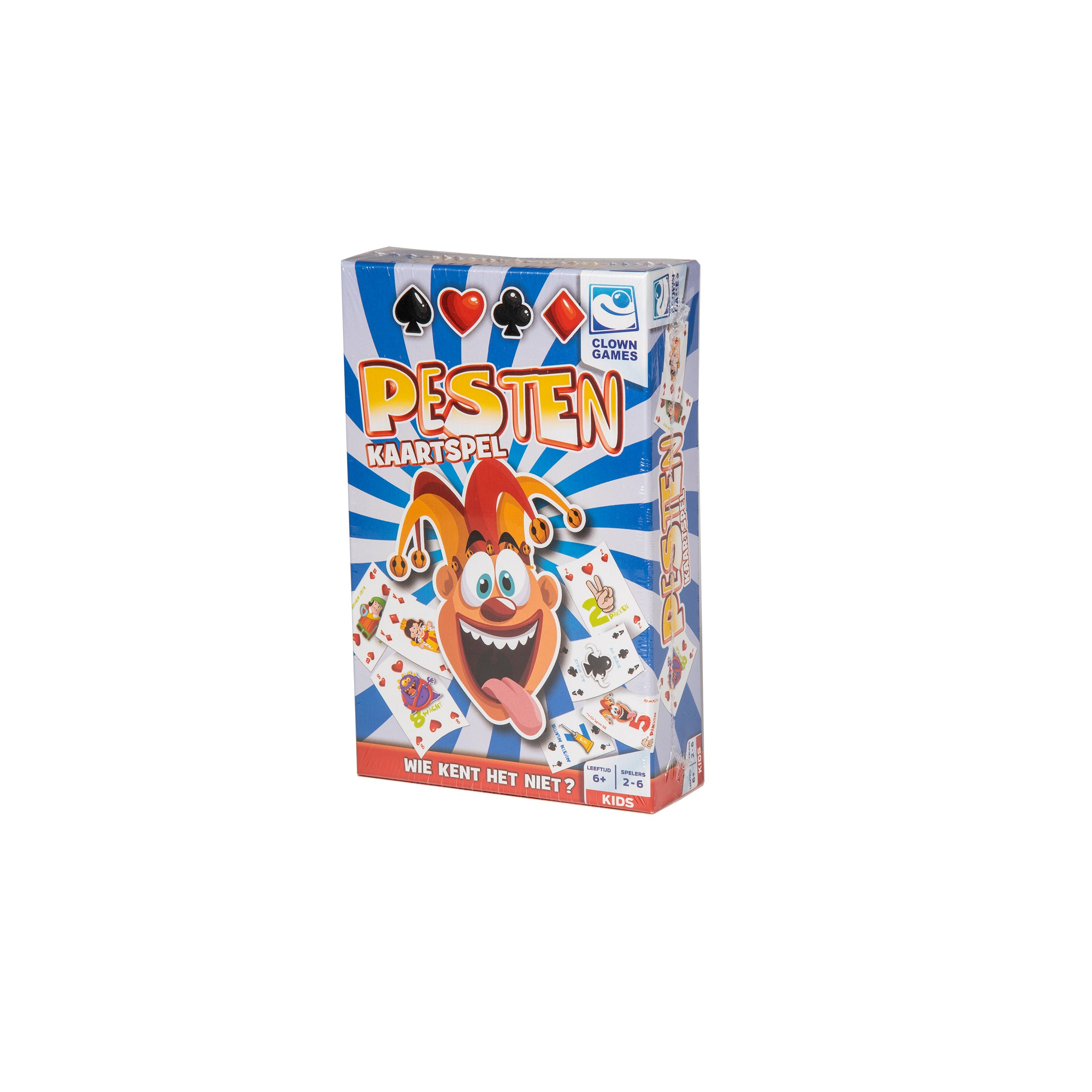 Een kaartspeldoos met het woord 'PESTEN' en een tekenfilmfiguur.