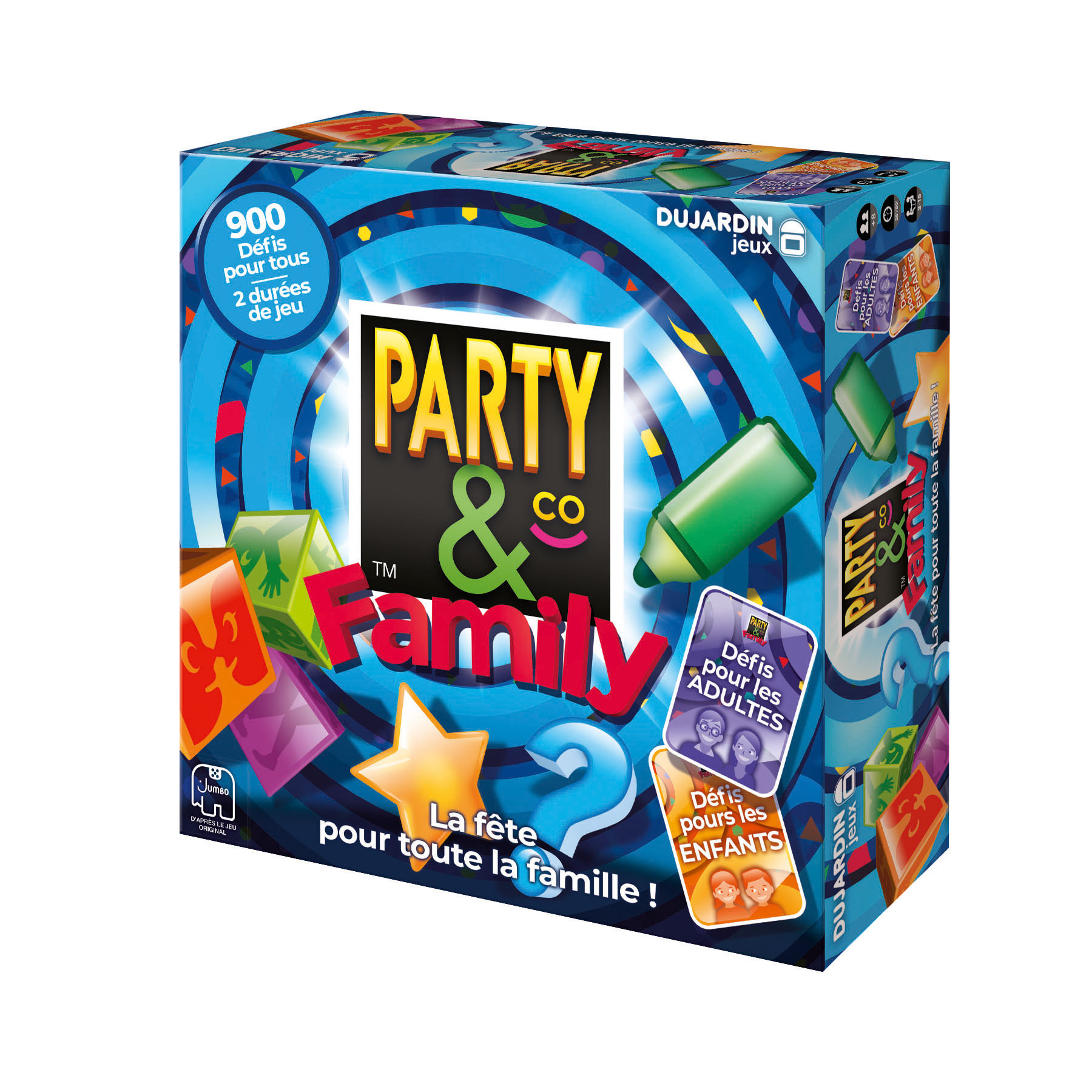 Party & Co Spielbox mit farbenfrohem Design, Spielelementen und Text. Weißer Hintergrund.