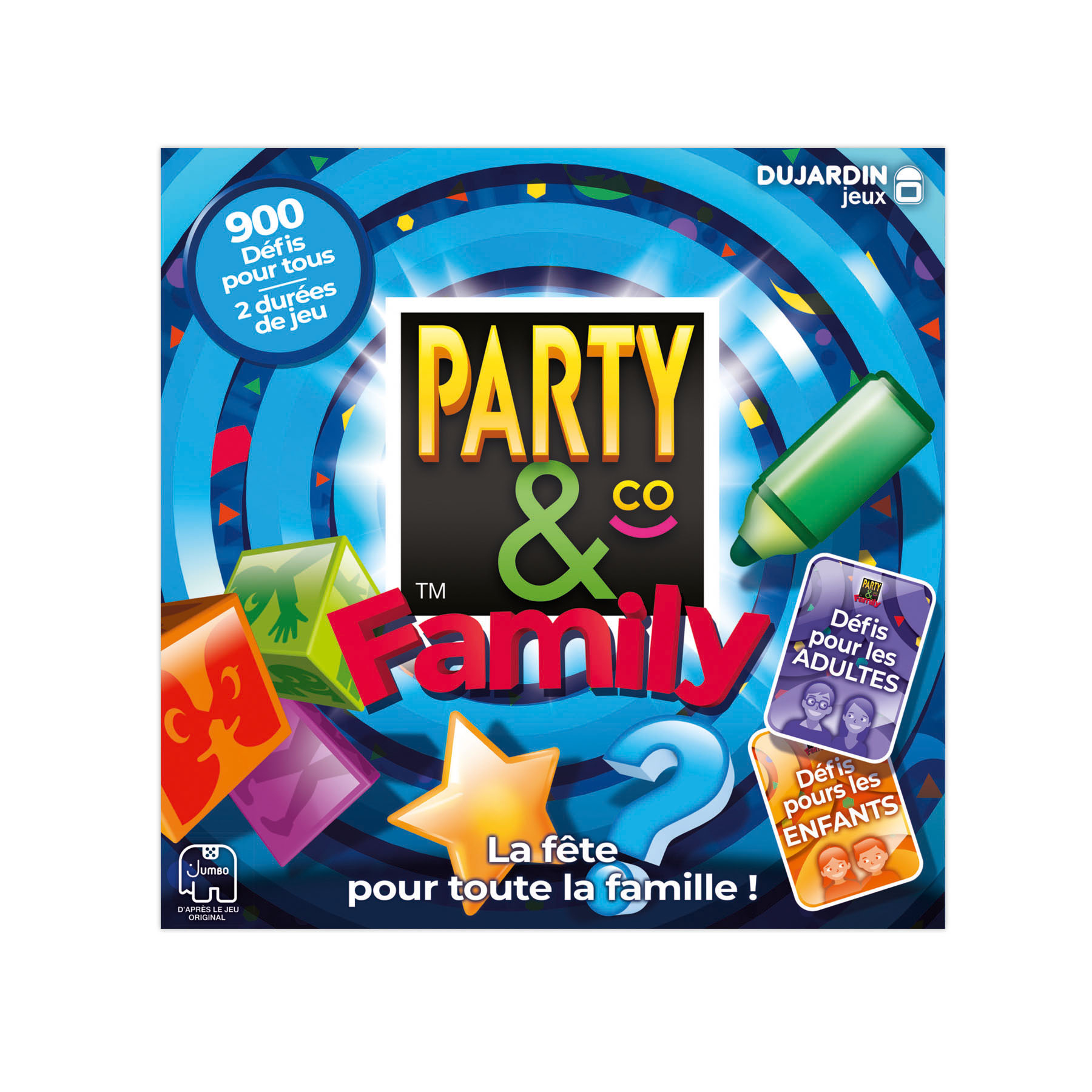 Party & Co Brettspielbox mit farbenfrohem Design, Spielelementen und Text. Weißer Hintergrund.