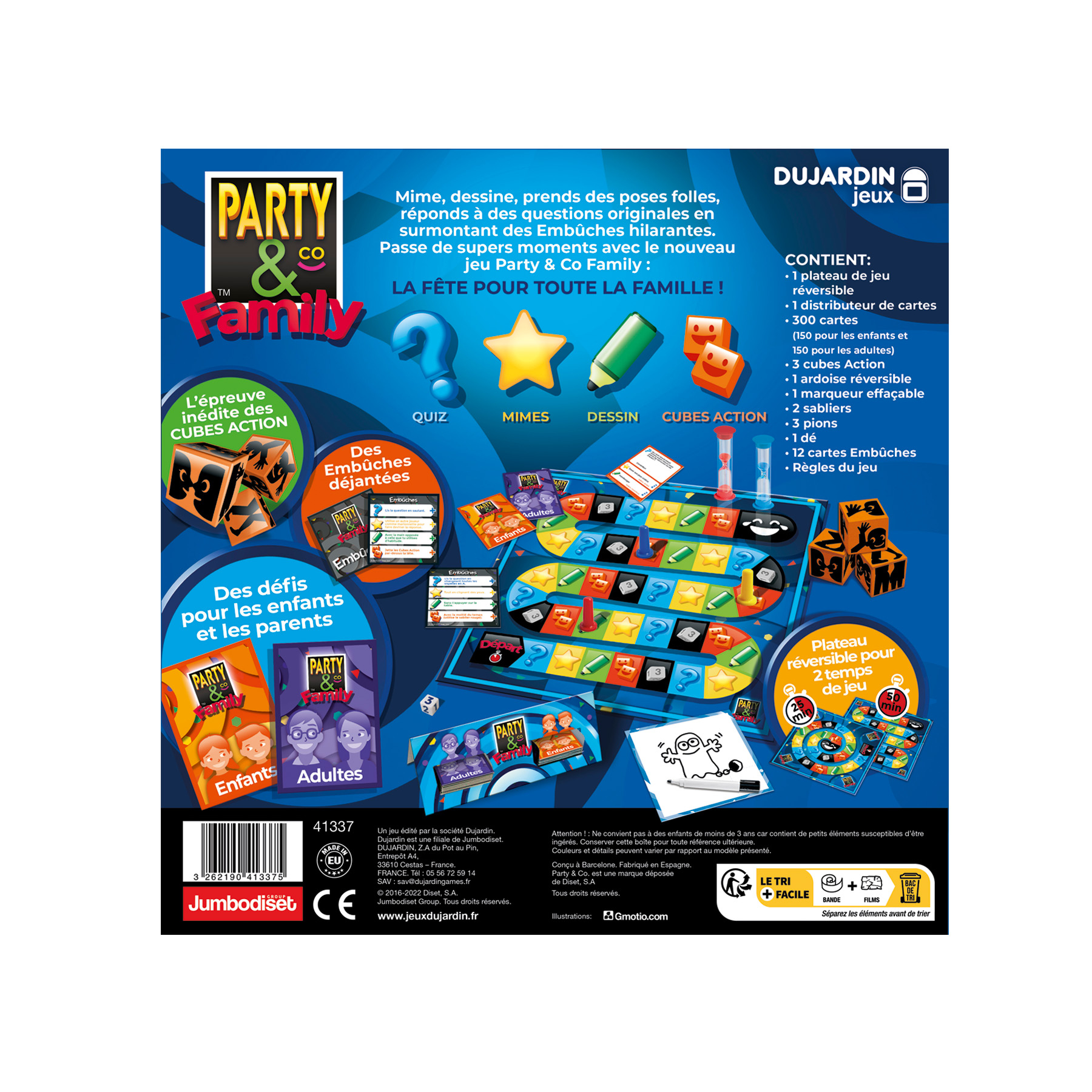 Spielbox mit buntem Spielbrett, Karten, Würfeln und Spielsteinen. Party & Co Family.