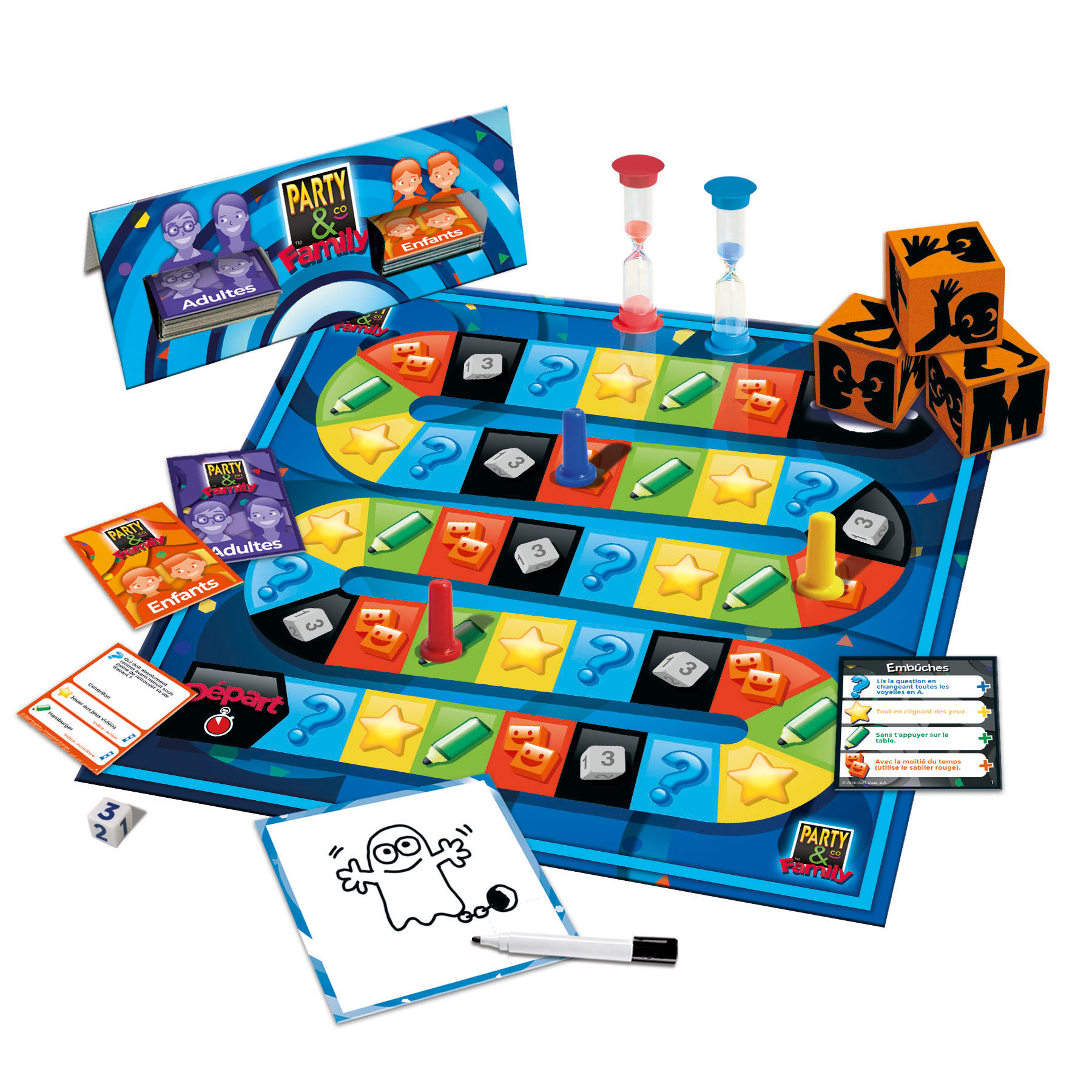 Brettspiel-Set. Enthält Spielbrett, Karten, Würfel, Sanduhr und Spielsteine.