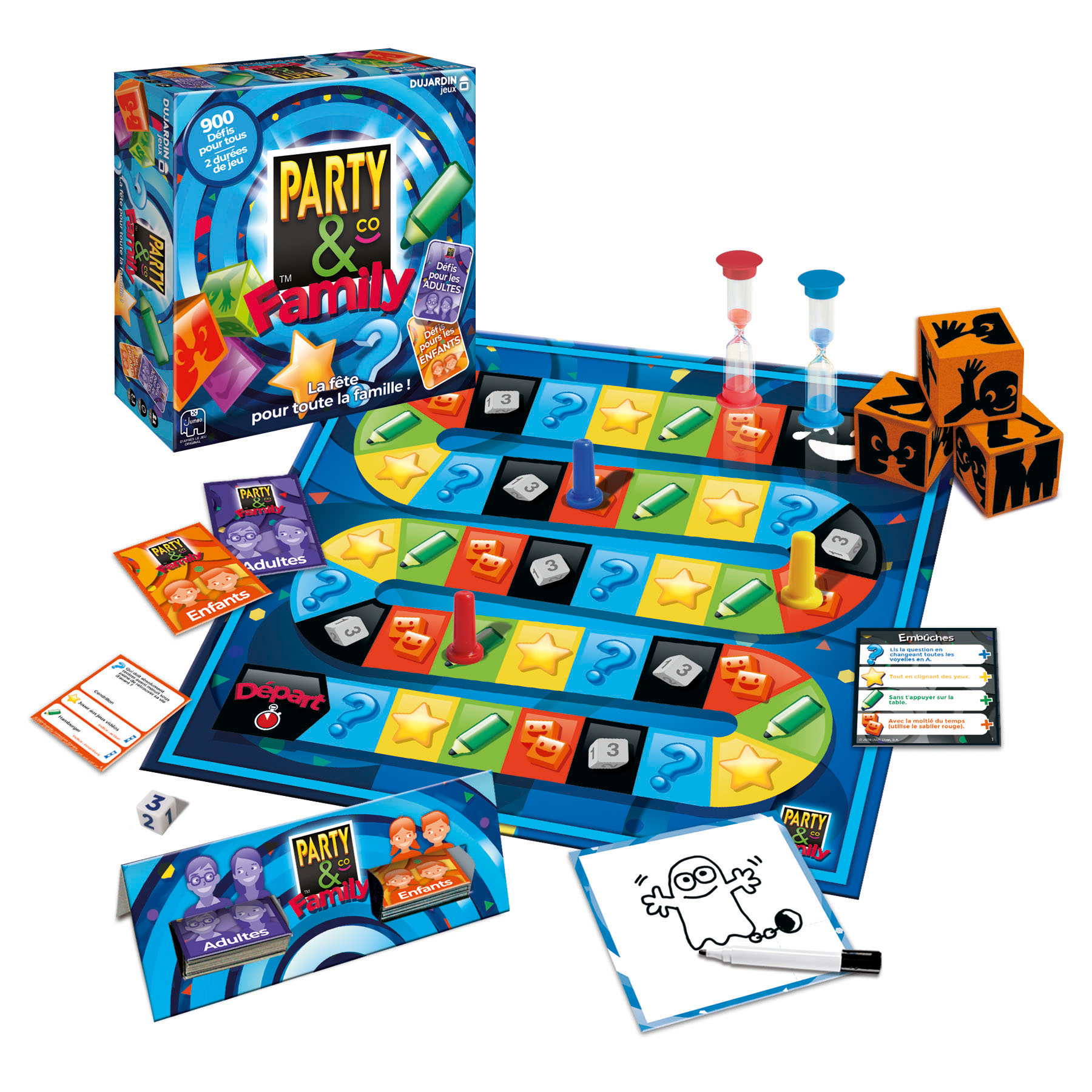 Spiel mit Spielbrett, Timern, Karten und Würfeln. Enthält verschiedene Spielsteine.