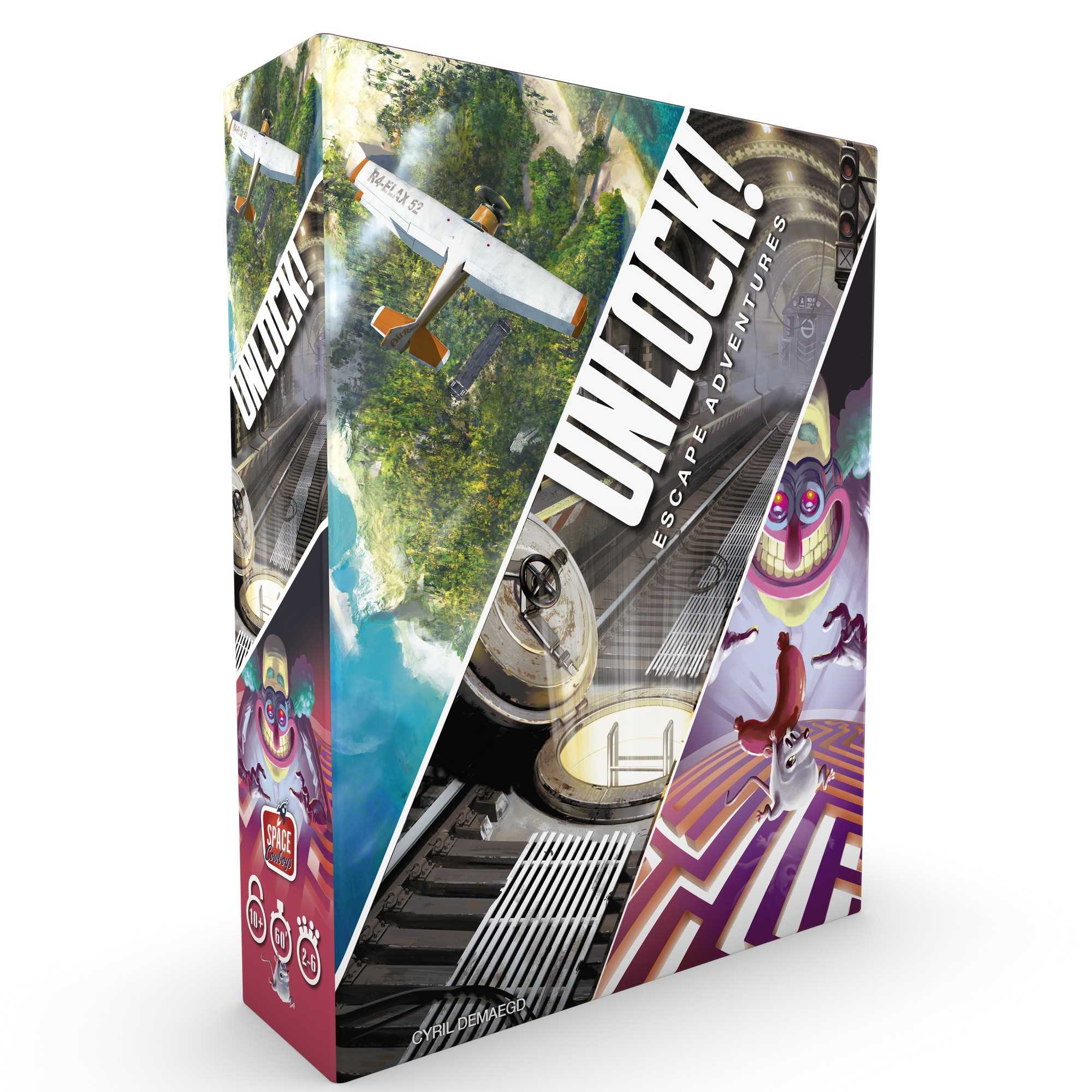 Caja del juego Unlock! Escape Adventures, varias escenas, avión y figura extraña.