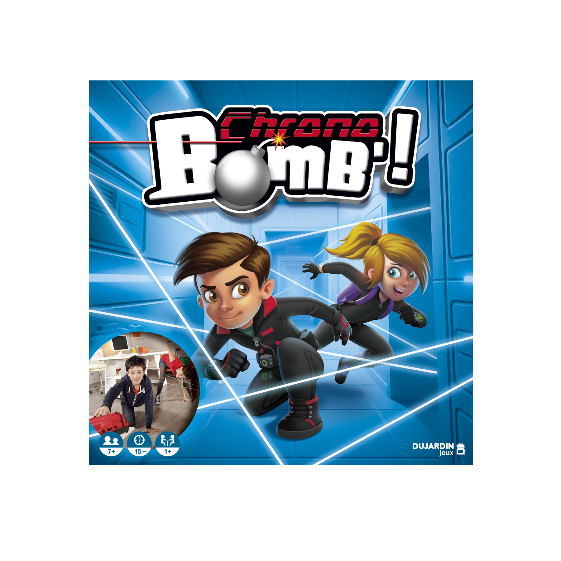 Scatola del gioco da tavolo Chrono Bomb! mostra scena a cartoni di bambini e bomba.