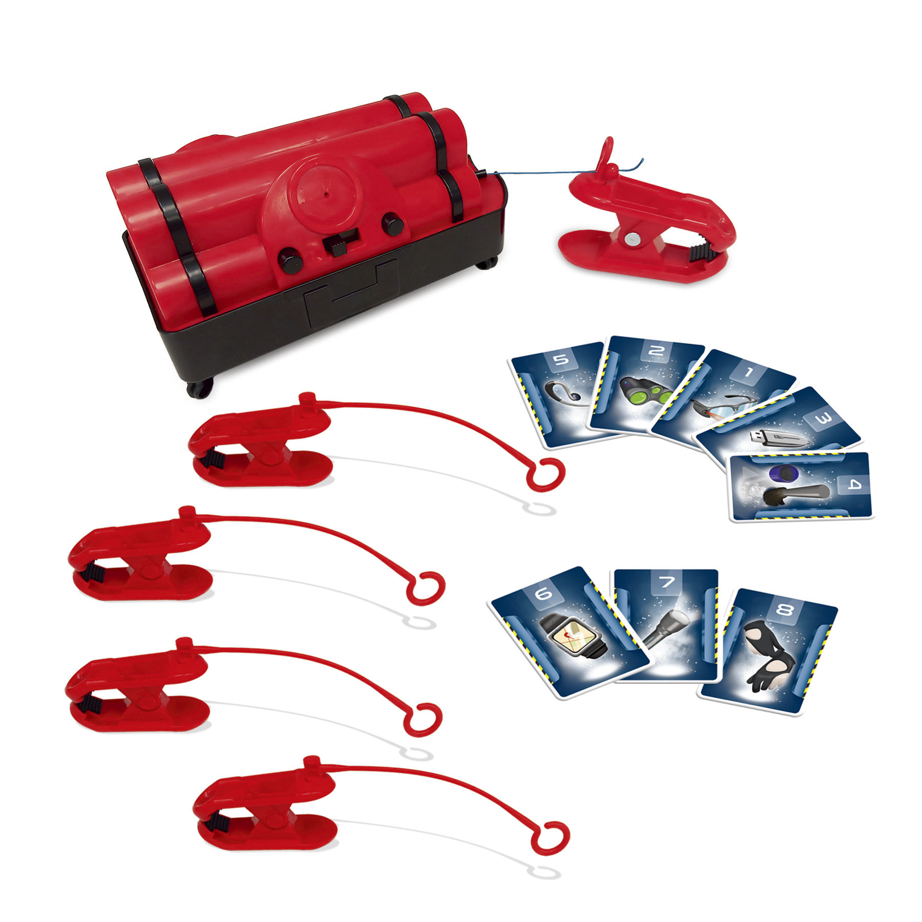 Componenti del gioco tra cui una bomba rossa, clip e carte con numeri.