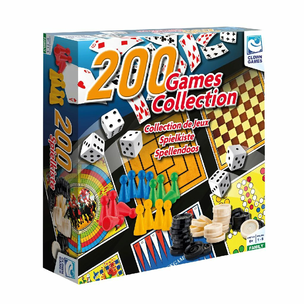 Doos met 200 spelcollecties. Inclusief dobbelstenen, pionnen en diverse spelborden. De doos is kleurrijk.