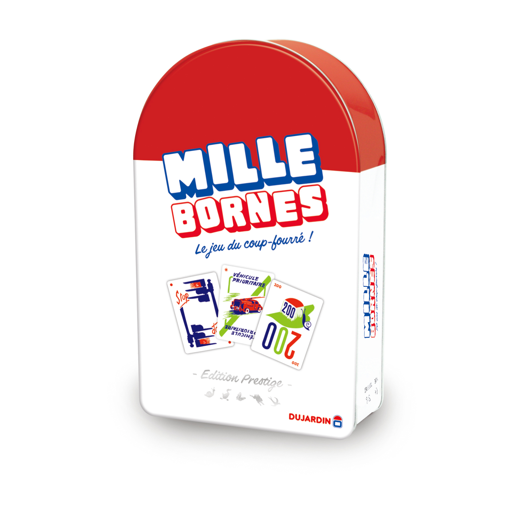 Scatola del gioco di carte Mille Bornes. Design rosso e bianco, con immagini di carte sul fronte.
