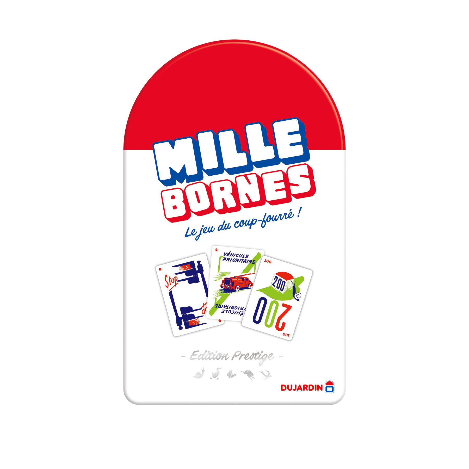 Scatola del gioco Mille Bornes con carte e un design rosso e bianco.