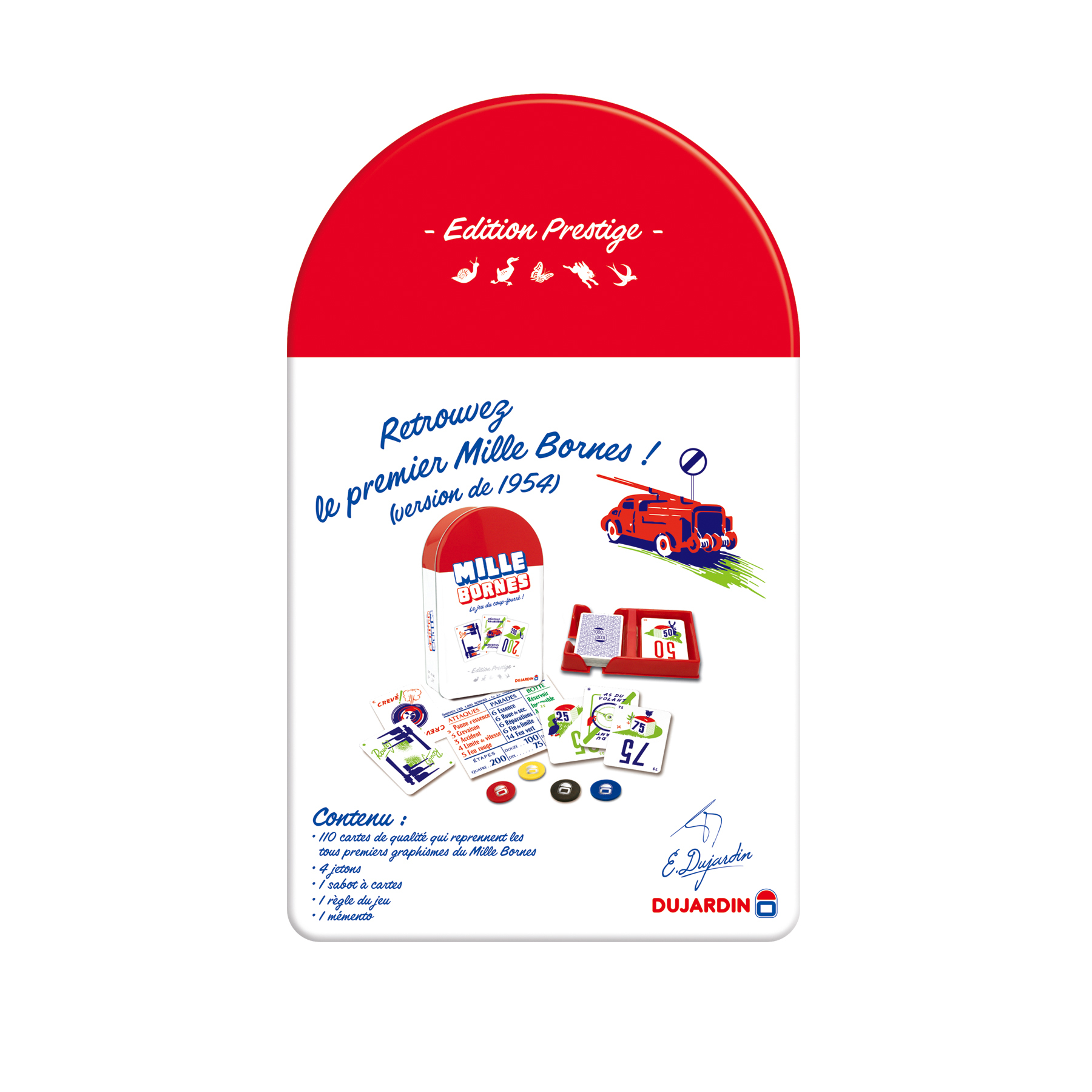 Scatola del gioco di carte Mille Bornes. Design rosso e bianco con un disegno di un'autopompa.