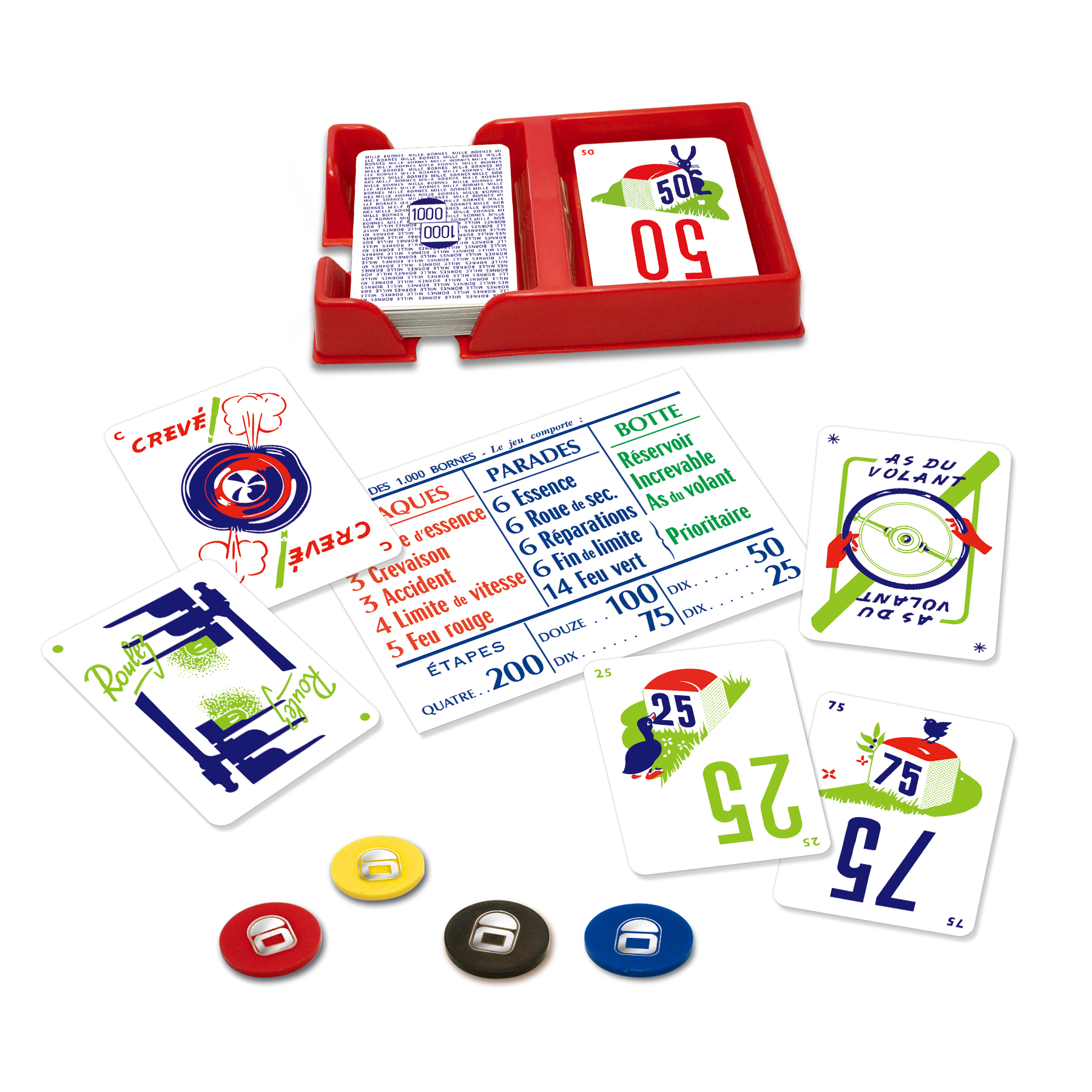 Componenti del gioco Mille Bornes: carte, gettoni e un portacarte rosso.