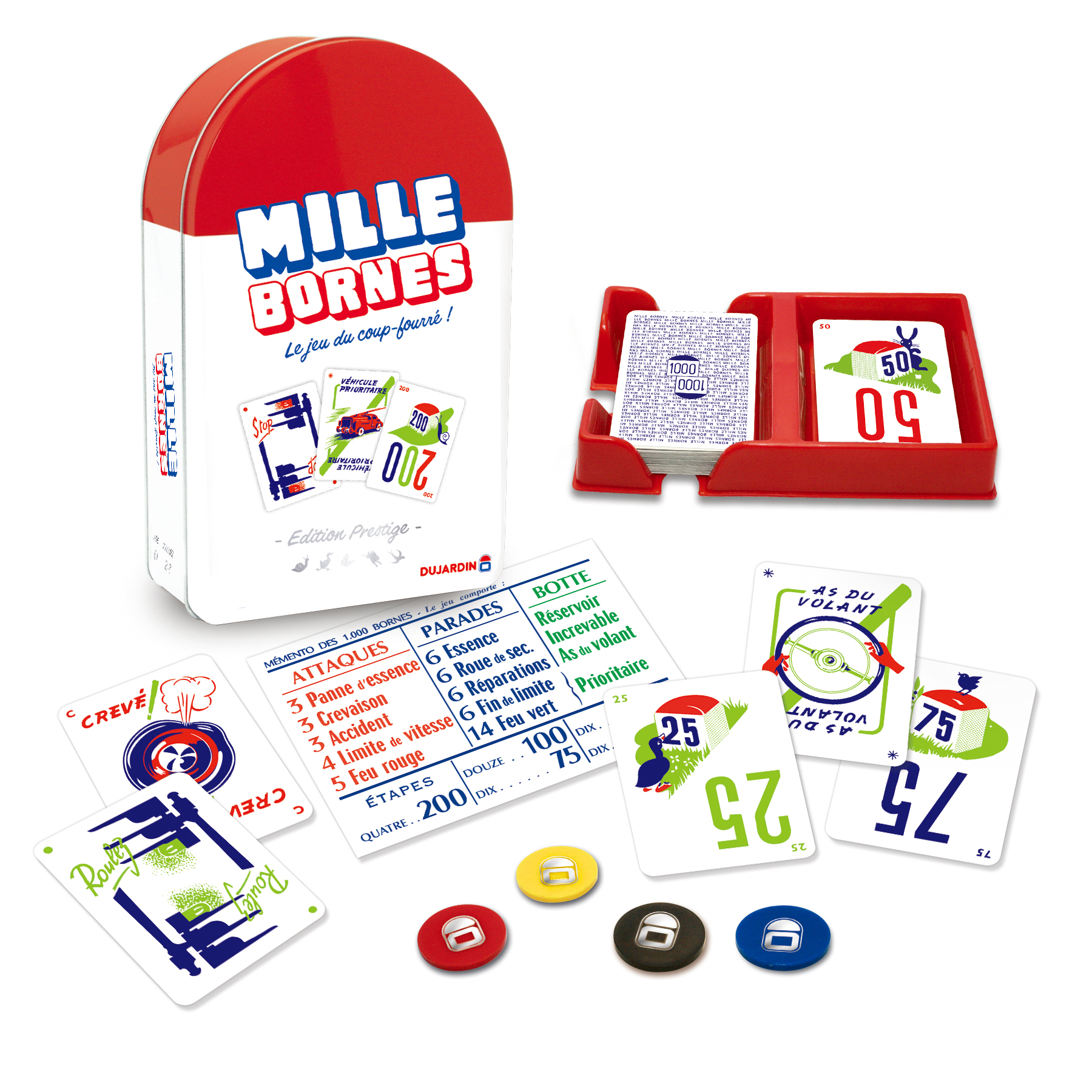 Componenti del gioco di carte Mille Bornes. Carte, gettoni e porta carte. Rosso, bianco e nero.