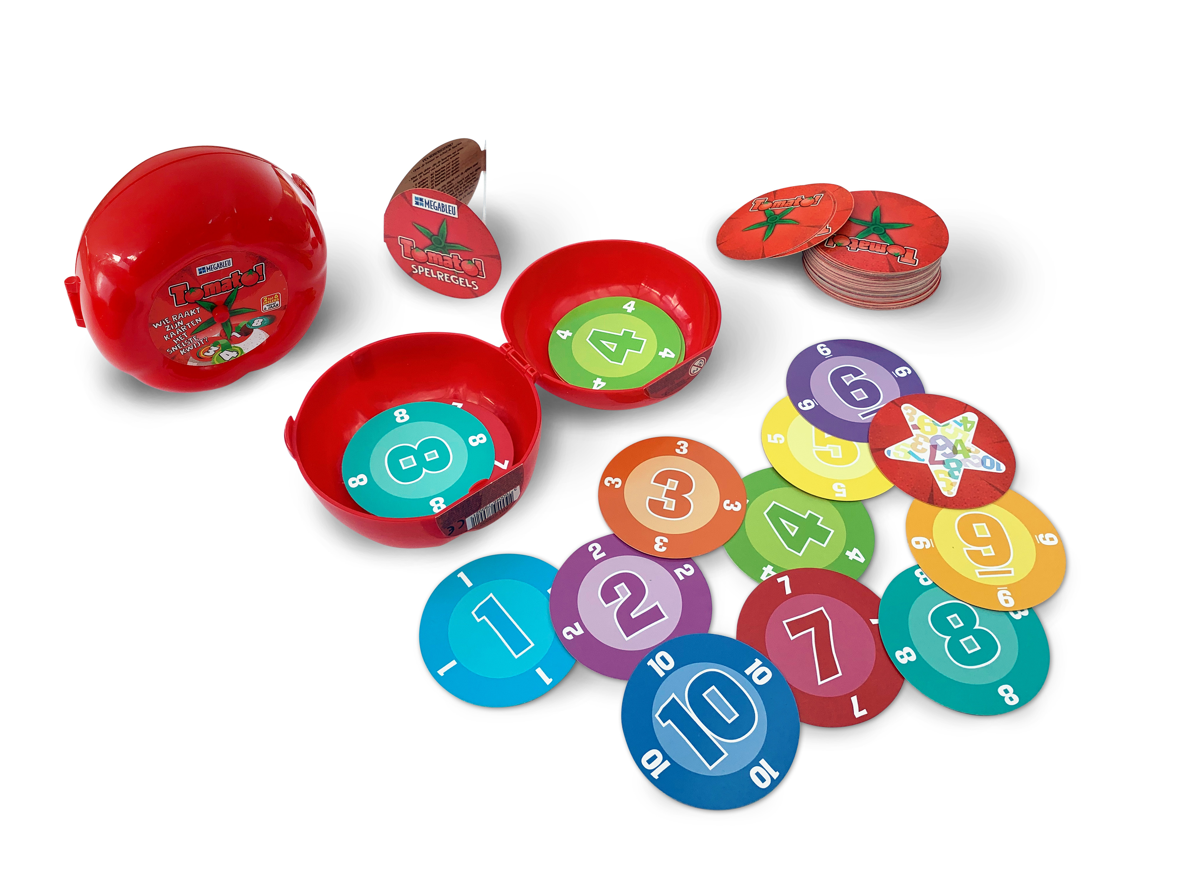Contenitore rosso con pezzi del gioco a tema pomodoro e coperchio. Gettoni numerati visibili.