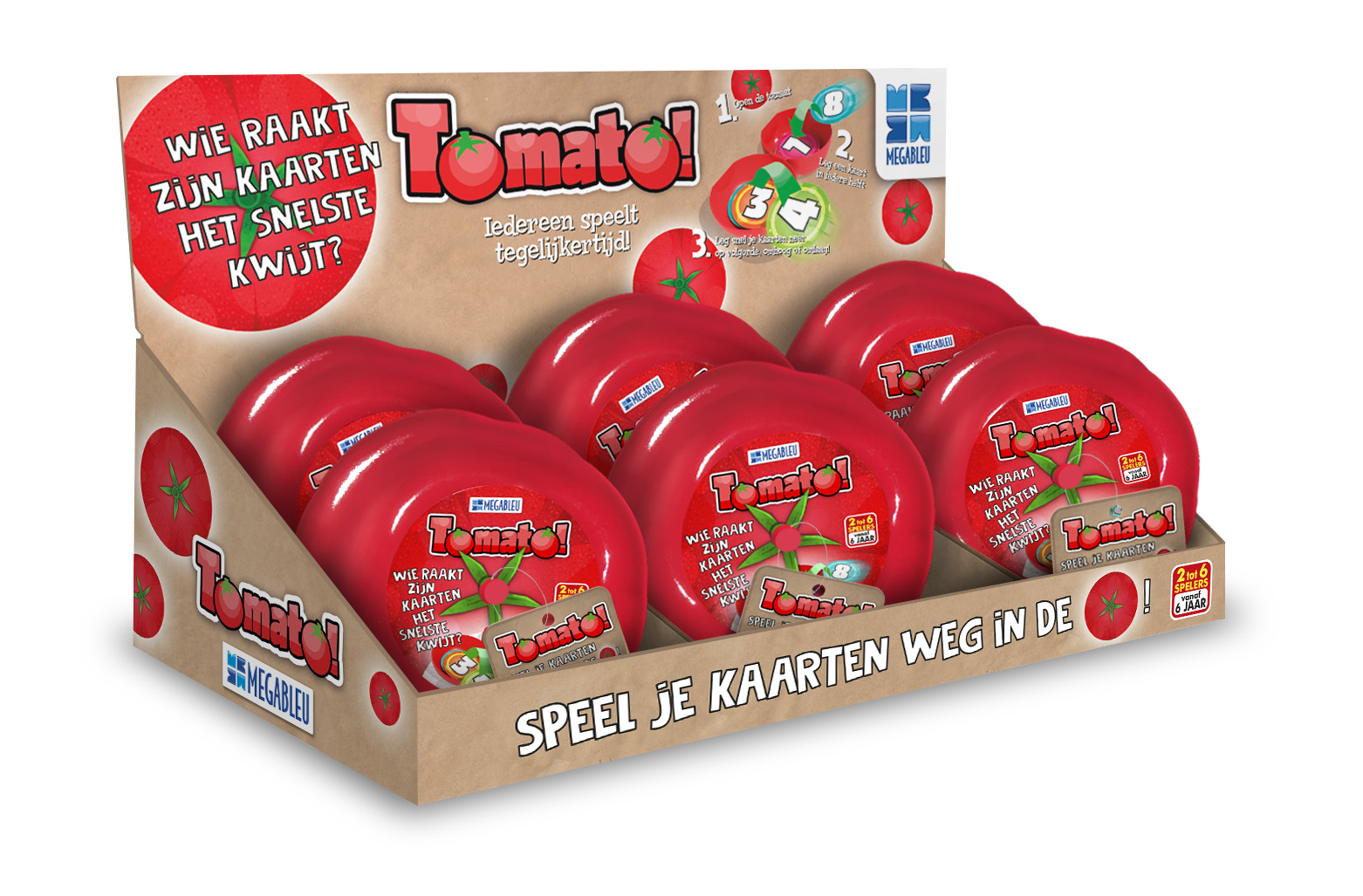 Scatole del gioco Tomato! in una vetrina. Coperchi rossi con istruzioni e marchio.