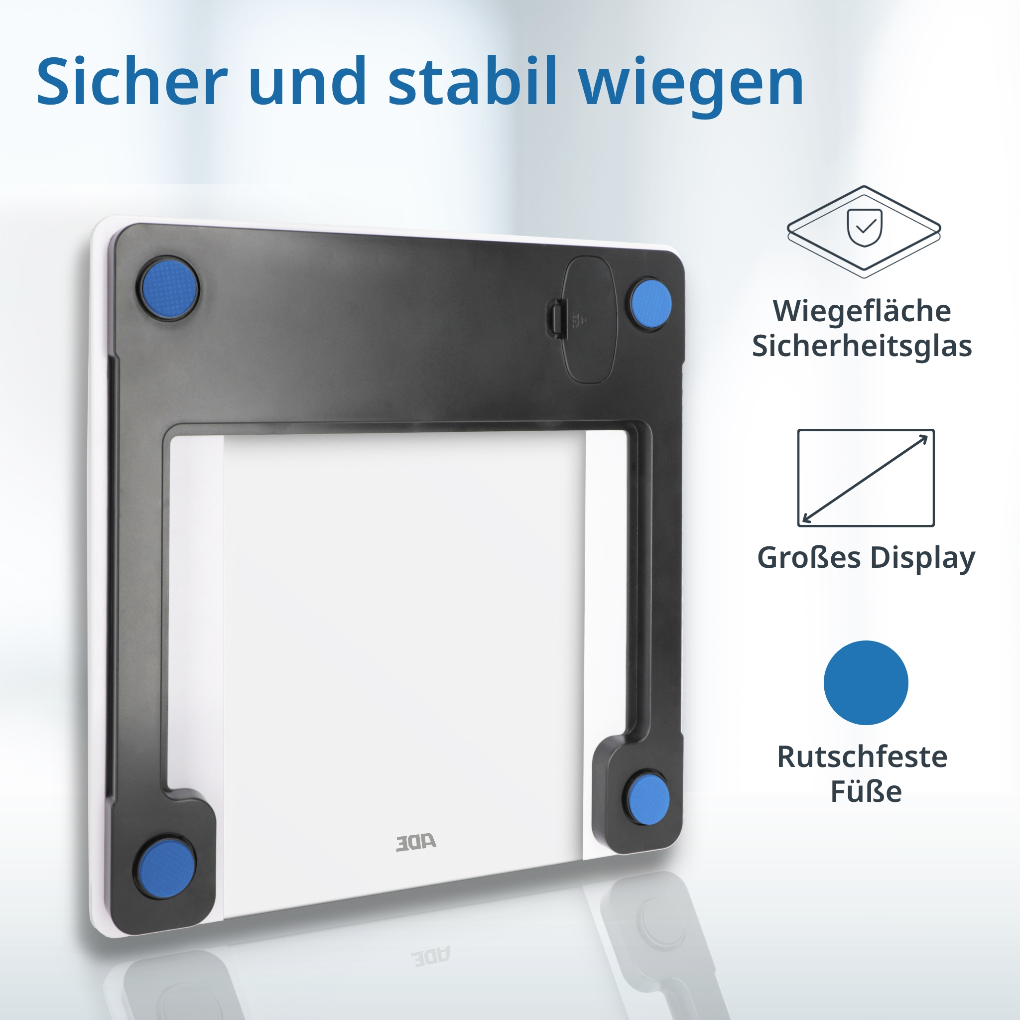 Biało-czarna waga cyfrowa z niebieskimi detalami i tekstem w języku niemieckim.