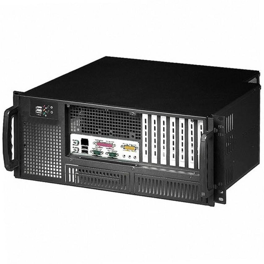 Server per computer nero con maniglie, vista posteriore che mostra connettori e prese d'aria.