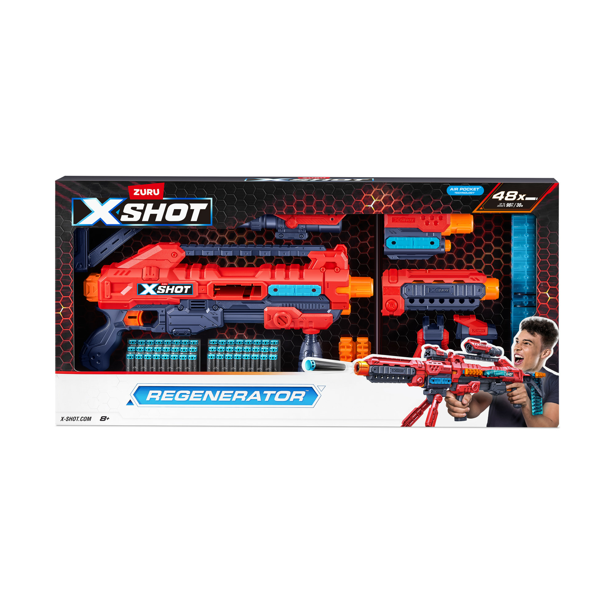 X-Shot Spielzeugpistole in einer Box mit Zubehör. Die Box zeigt ein Bild der Pistole.