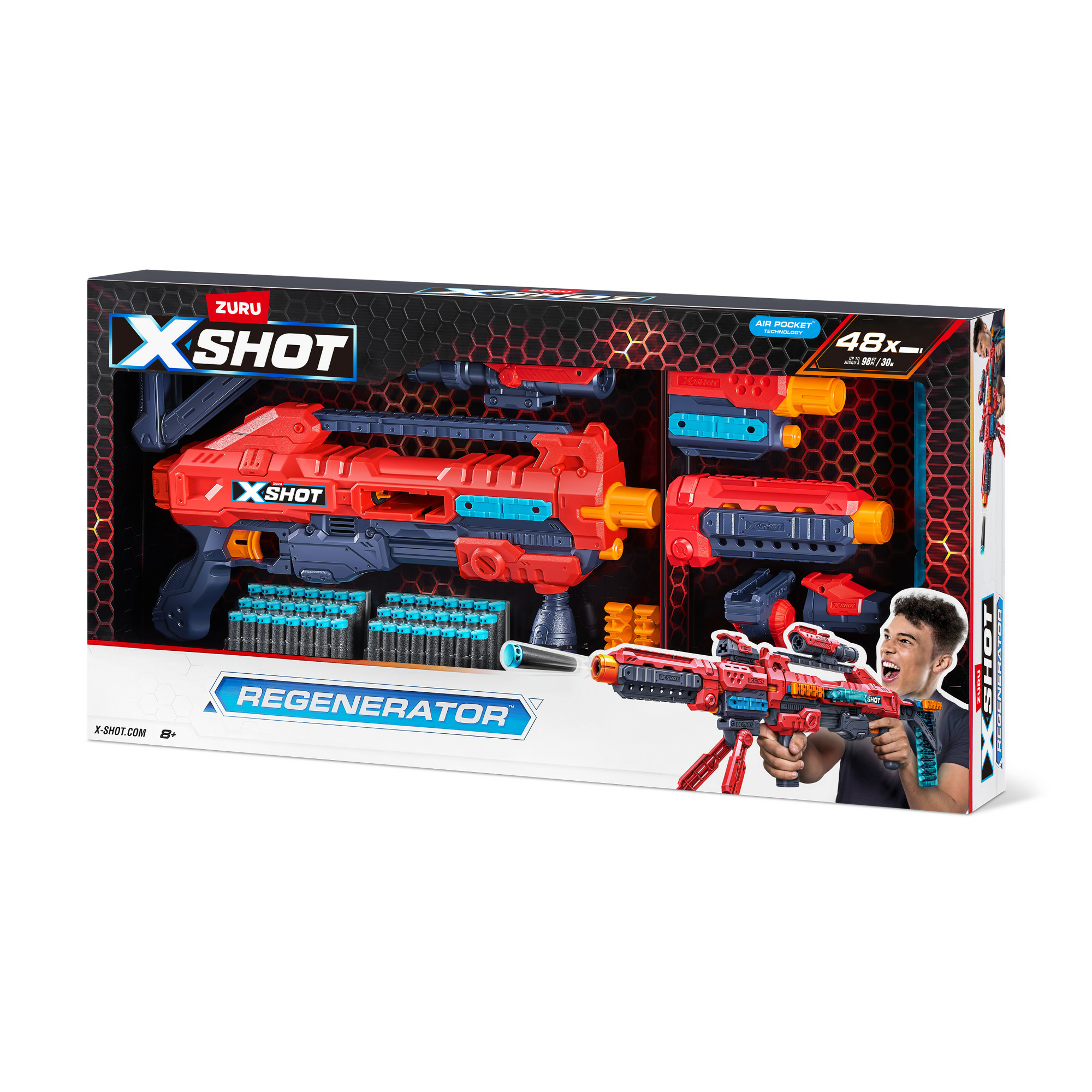 Ein Spielzeugpistolen-Set in einer Box. Es ist rot und blau, mit Zubehör. Ein Junge, der die Waffe hält, ist auf der Box abgebildet.