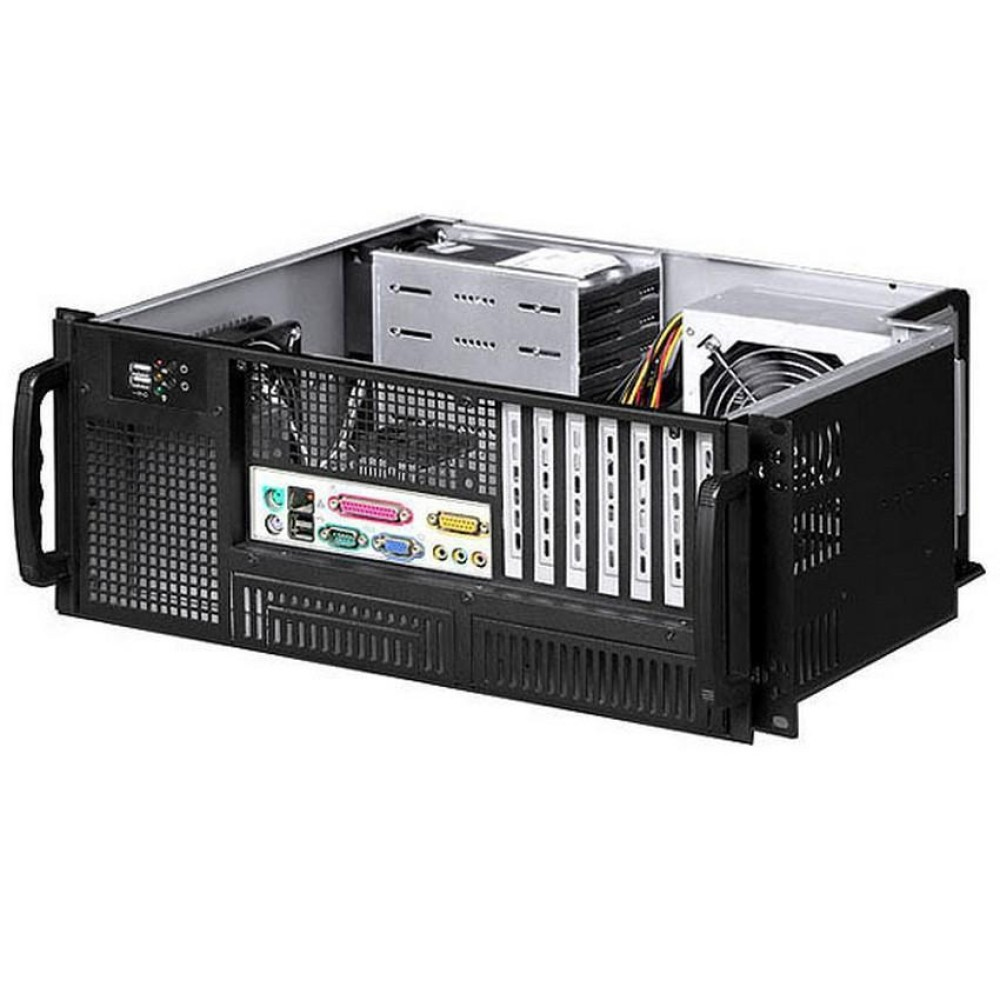 Server per computer nero con retro aperto, che mostra i componenti interni.