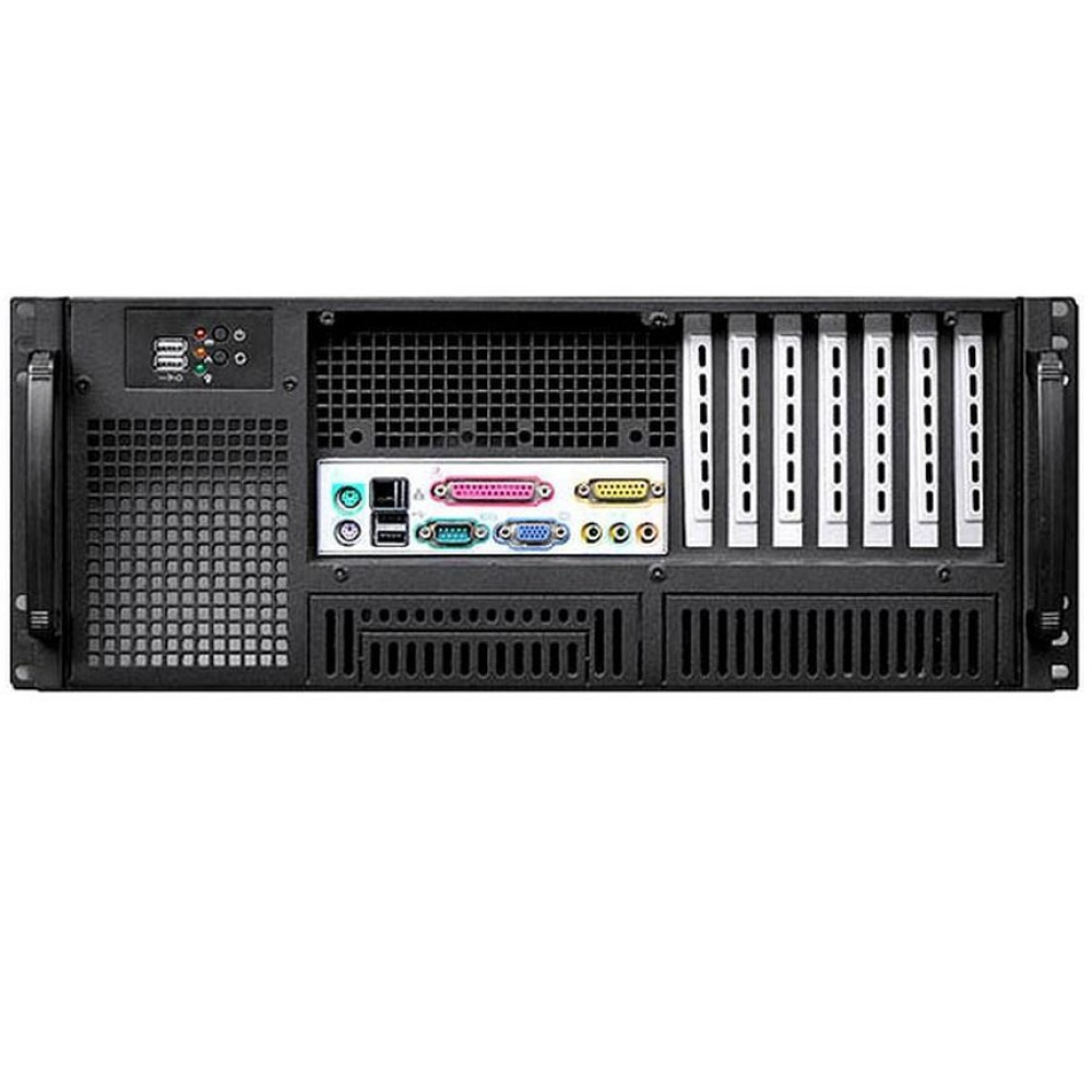 Parte posteriore di un case nero per computer. Mostra le porte e l'interno.