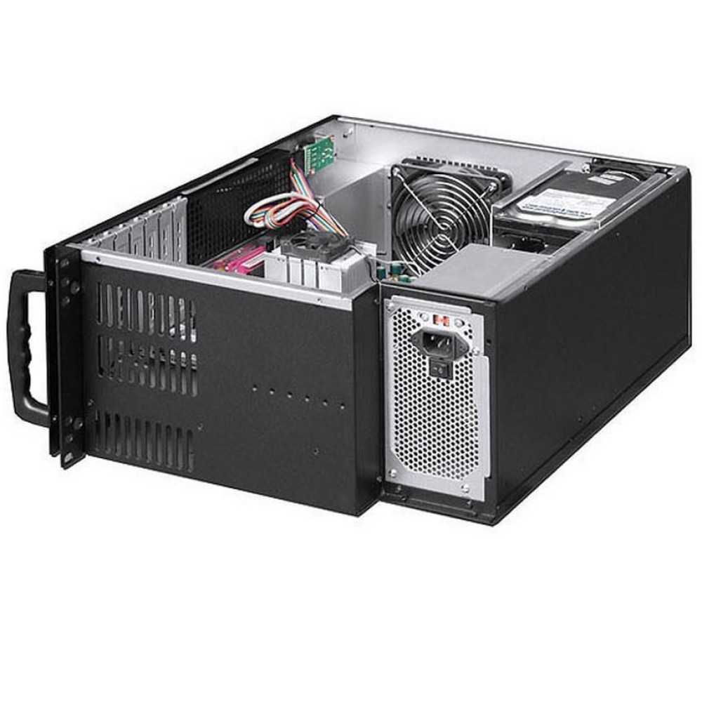Case per computer nero con lato aperto che mostra i componenti, su sfondo bianco.