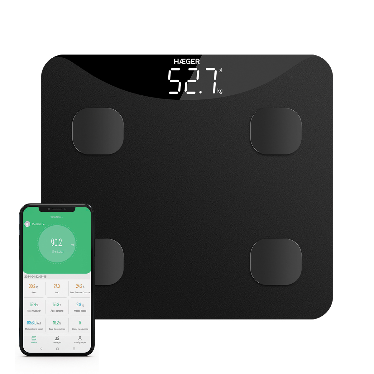Czarna waga cyfrowa wyświetlająca 52,7 kg. Smartfon pokazuje dane zdrowotne z wagą 90,2 kg.