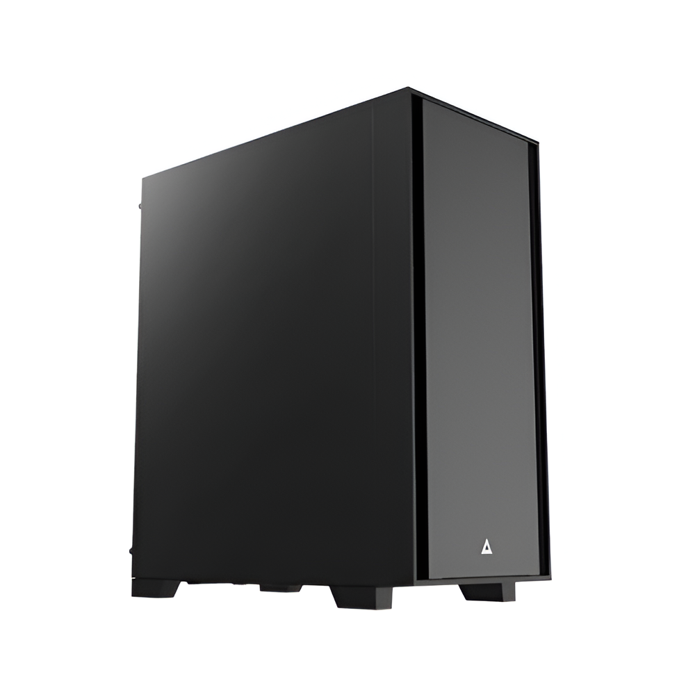 Un case per computer nero dal design elegante. Ha un pannello laterale solido e un logo triangolare.