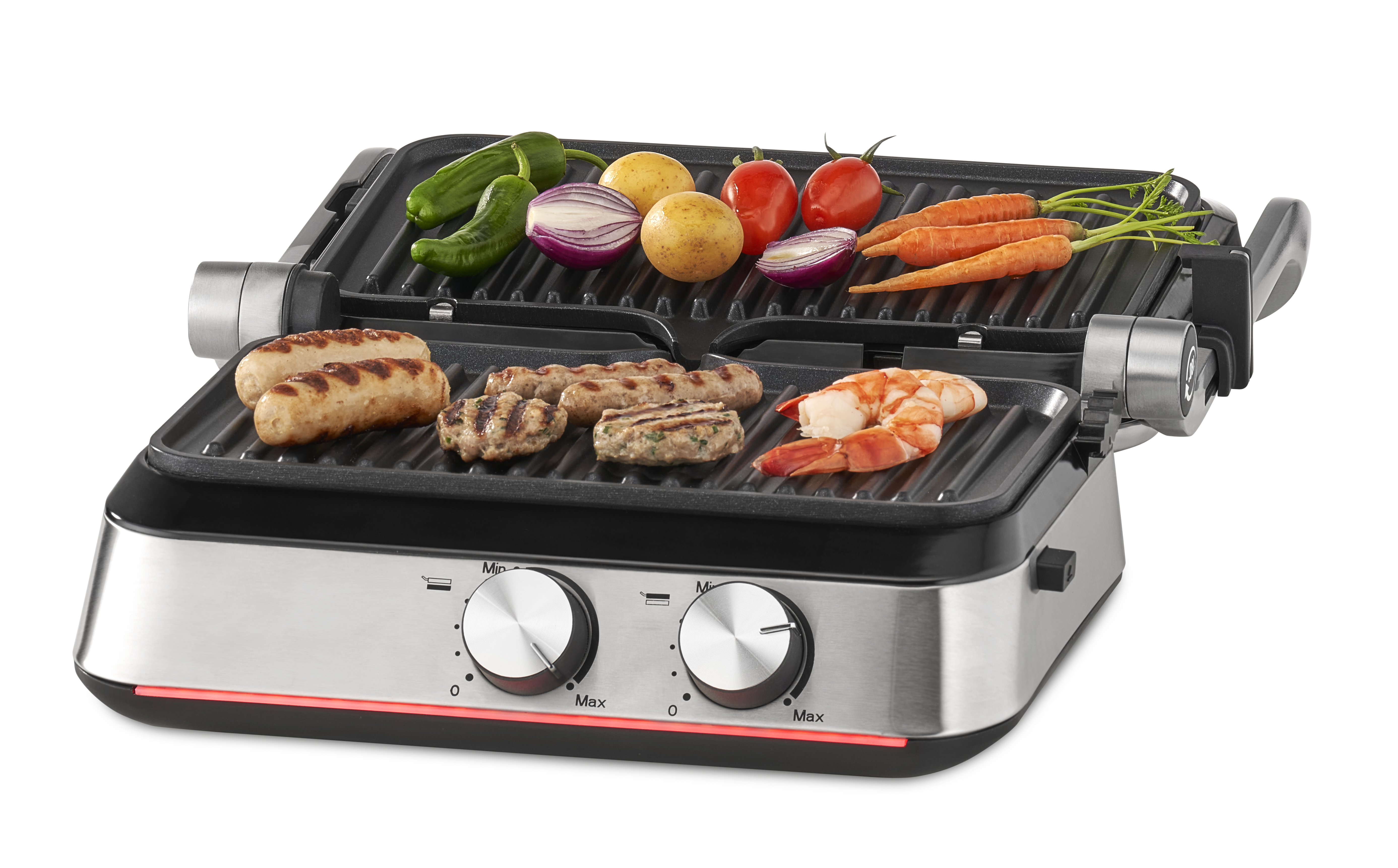 Offener Grill mit Speisen wie Würstchen, Garnelen und Gemüse. Drehregler zur Temperaturregelung sind sichtbar.