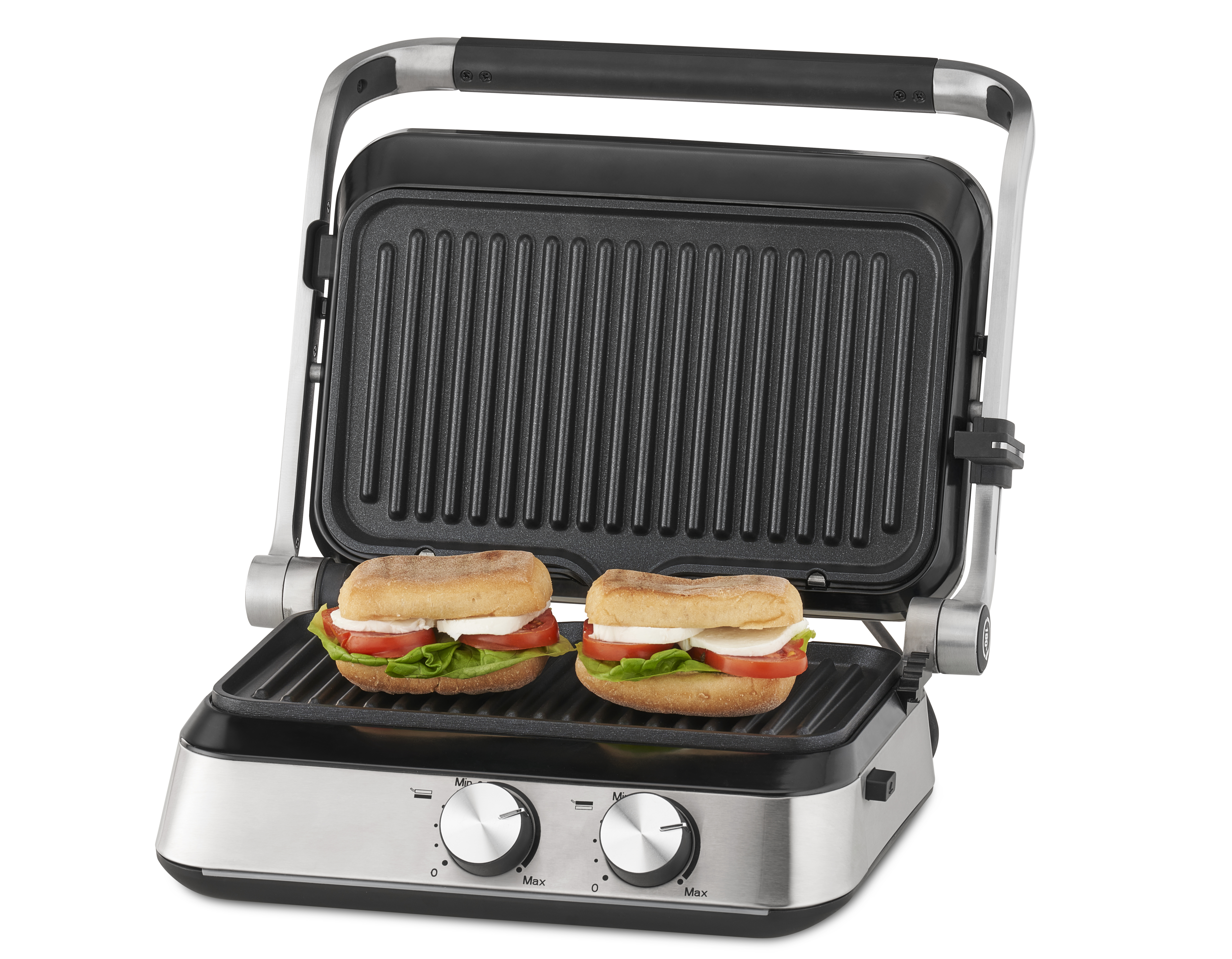 Sandwiches auf einer Panini-Presse. Die Oberseite ist angehoben und gibt das Innere frei. Edelstahlbasis mit Zifferblättern.