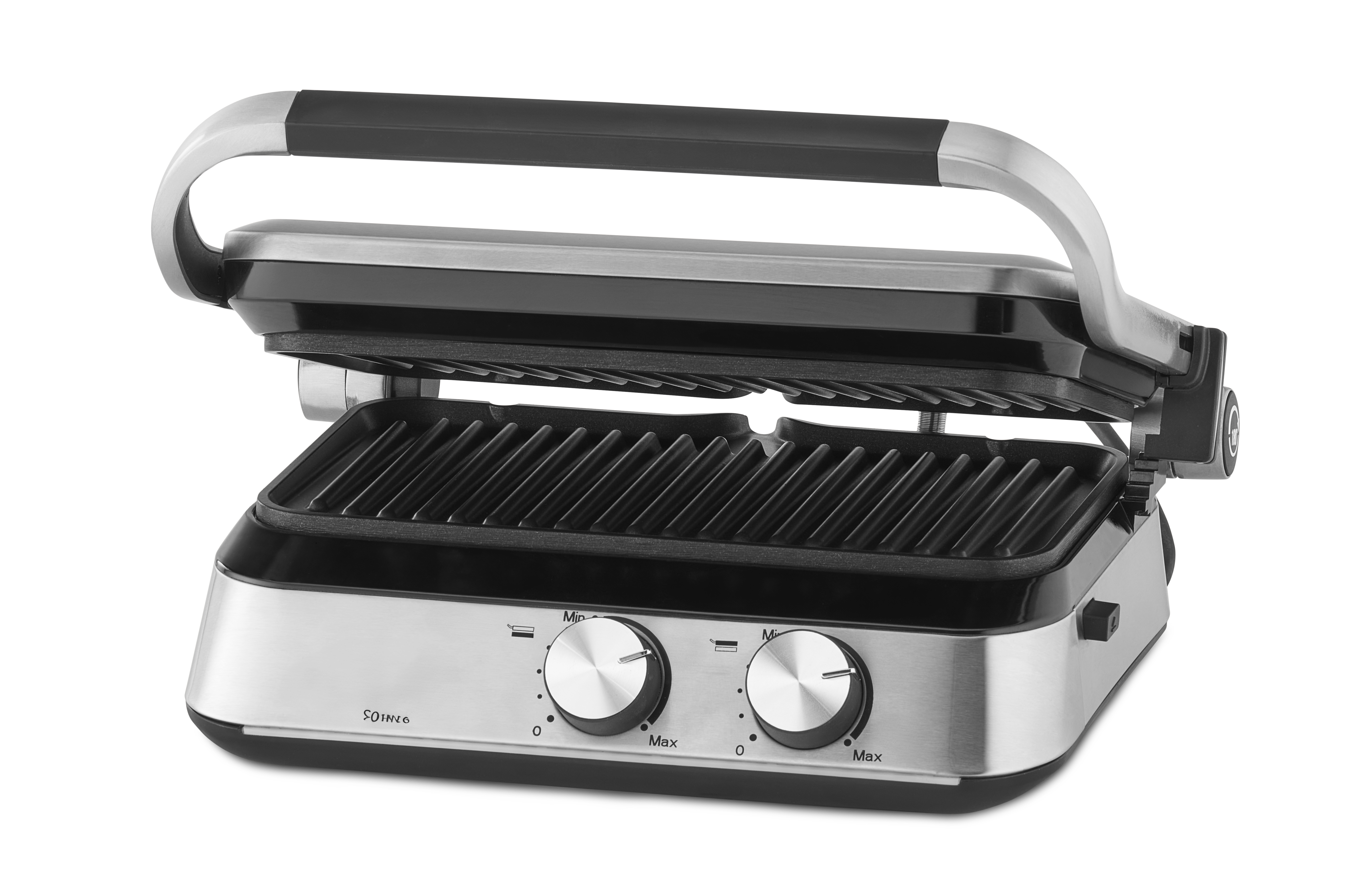 Geöffnete Panini-Presse, Oberteil angehoben. Edelstahlbasis, Zifferblätter. Einsatzbereit.