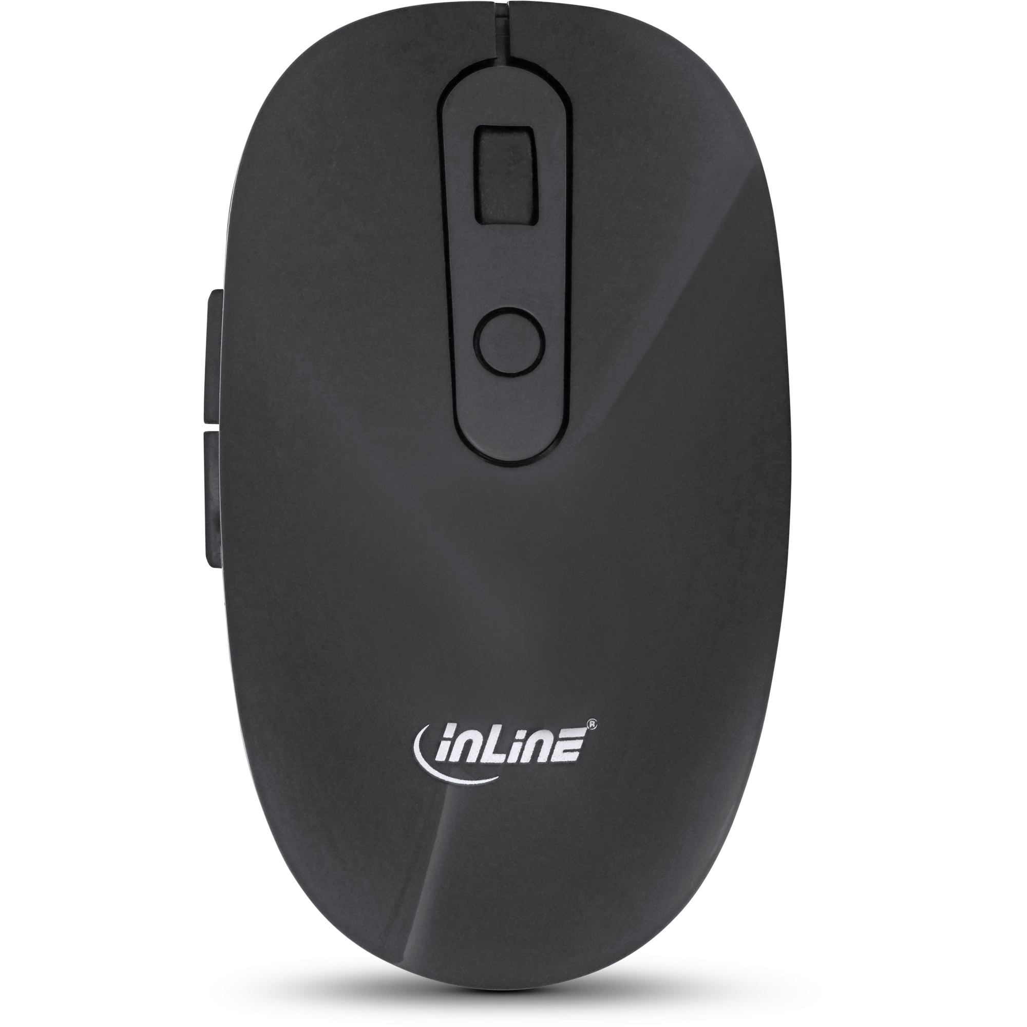 Mouse per computer nero con due pulsanti laterali e una rotella centrale, marchio inLine.