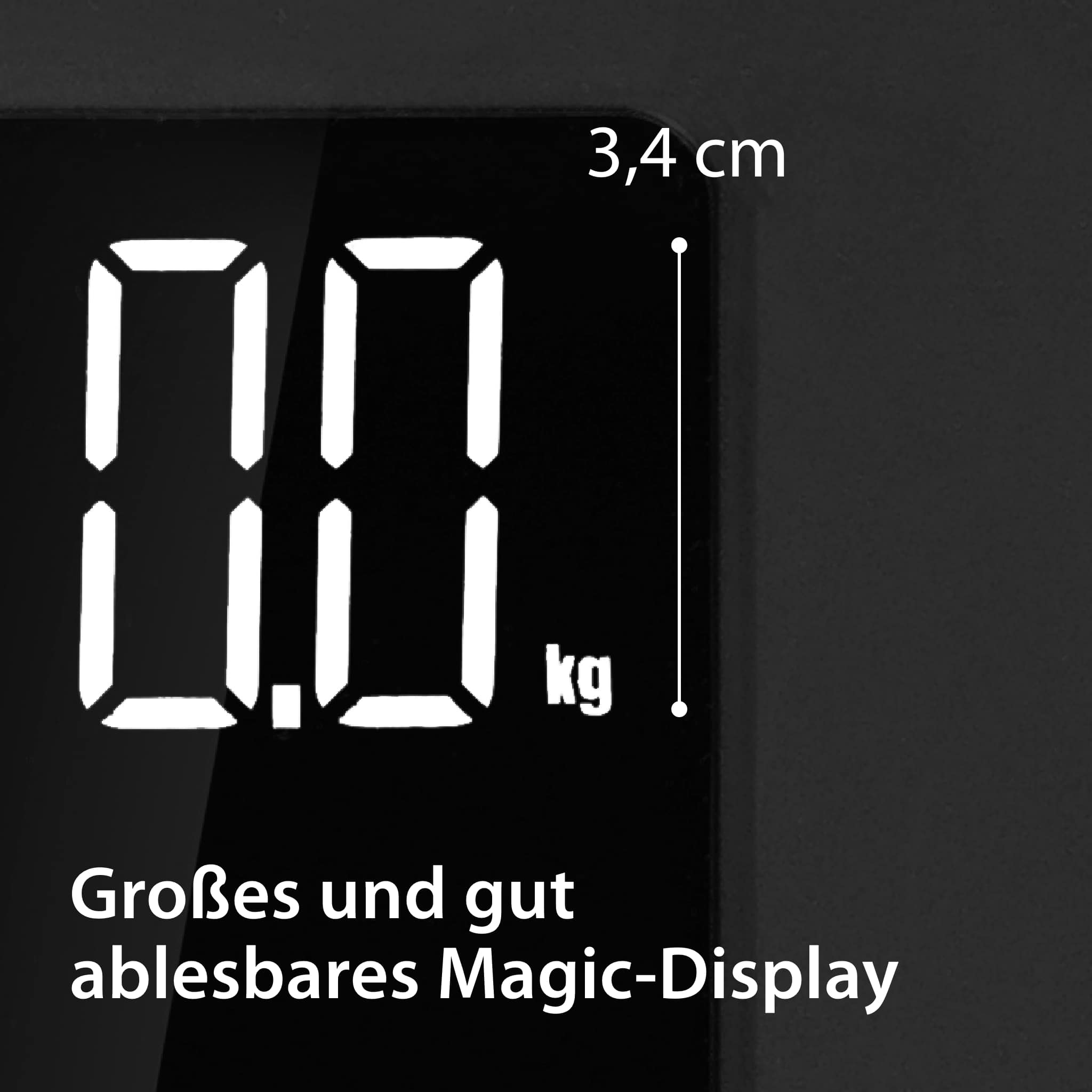 Zbliżenie wagi cyfrowej wyświetlającej '0.0' kg, z wymiarami w cm.