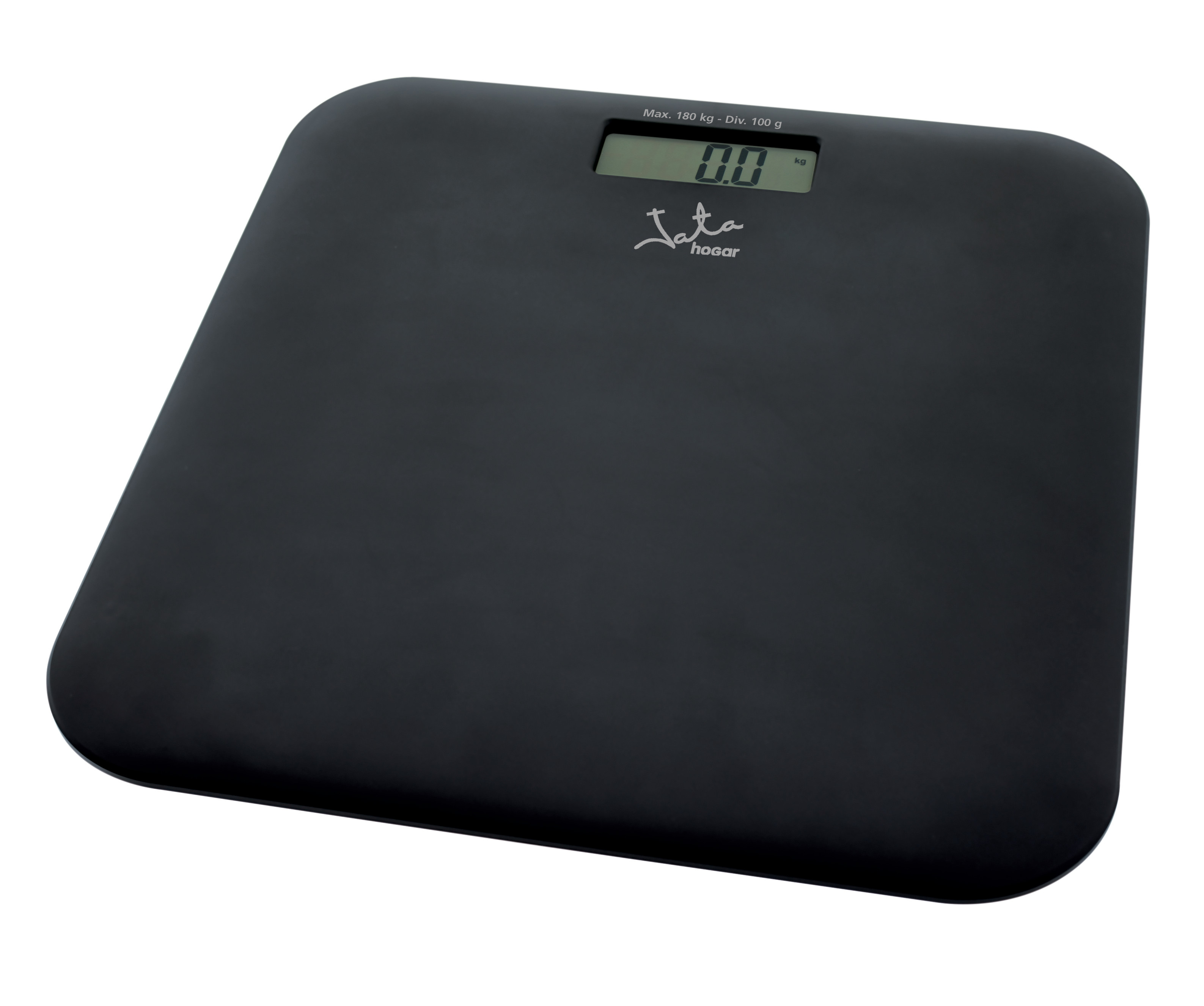 Báscula digital negra con logo 'eta hogar' y visualización del peso. Max. 180 kg.