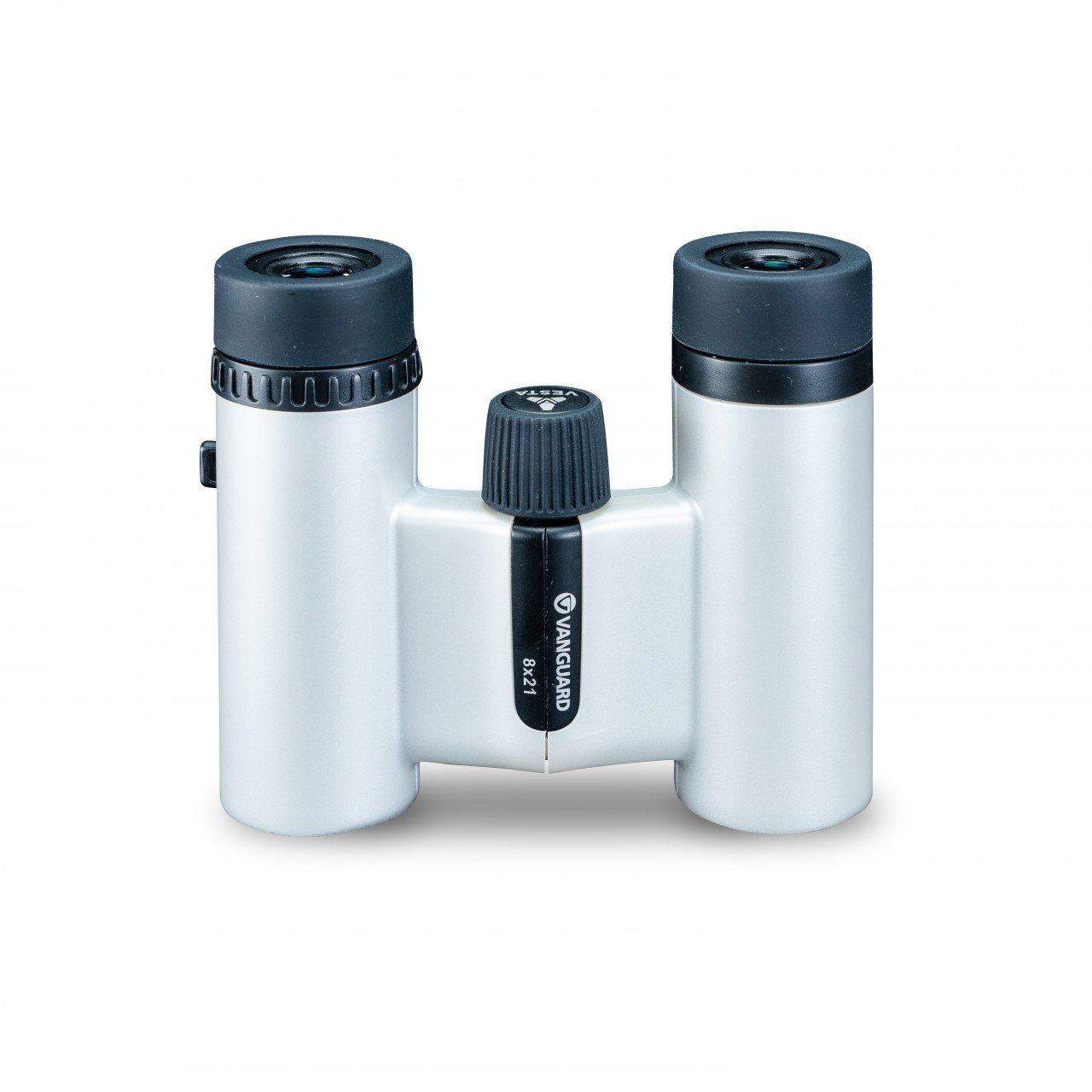 Srebrno-czarna lornetka z czarnym pokrętłem ostrości.