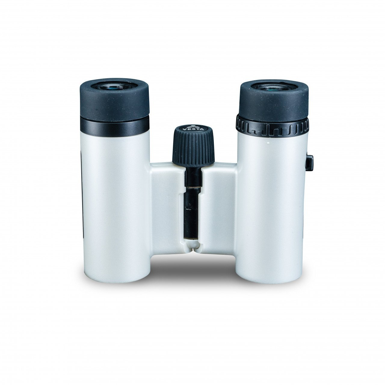 Para białych lornetek z czarnymi okularami i czarnym pokrętłem ostrości.