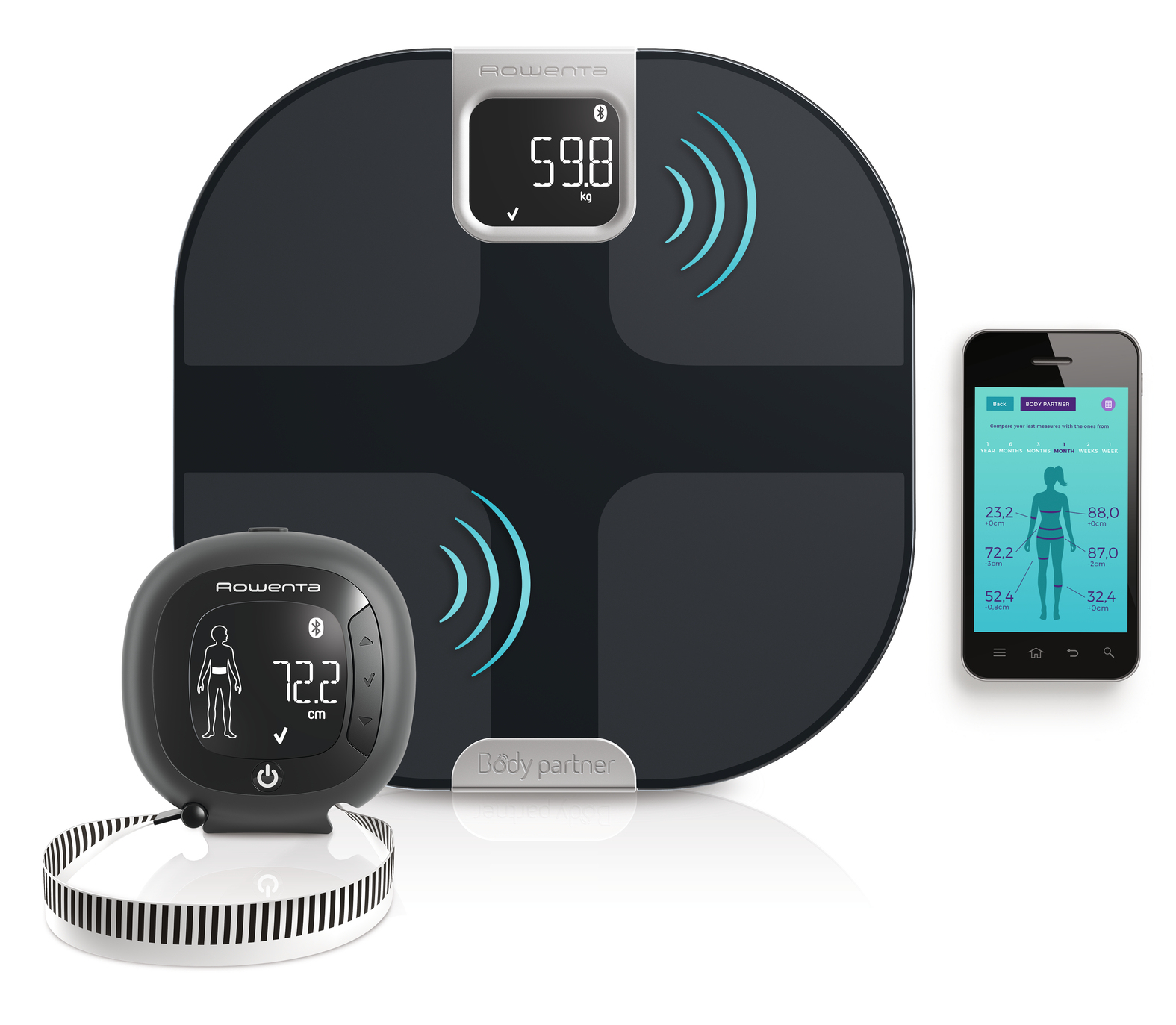 Inteligentna waga, urządzenie do pomiaru ciała i telefon wyświetlający wskaźniki ciała. Wszystko jest czarne.