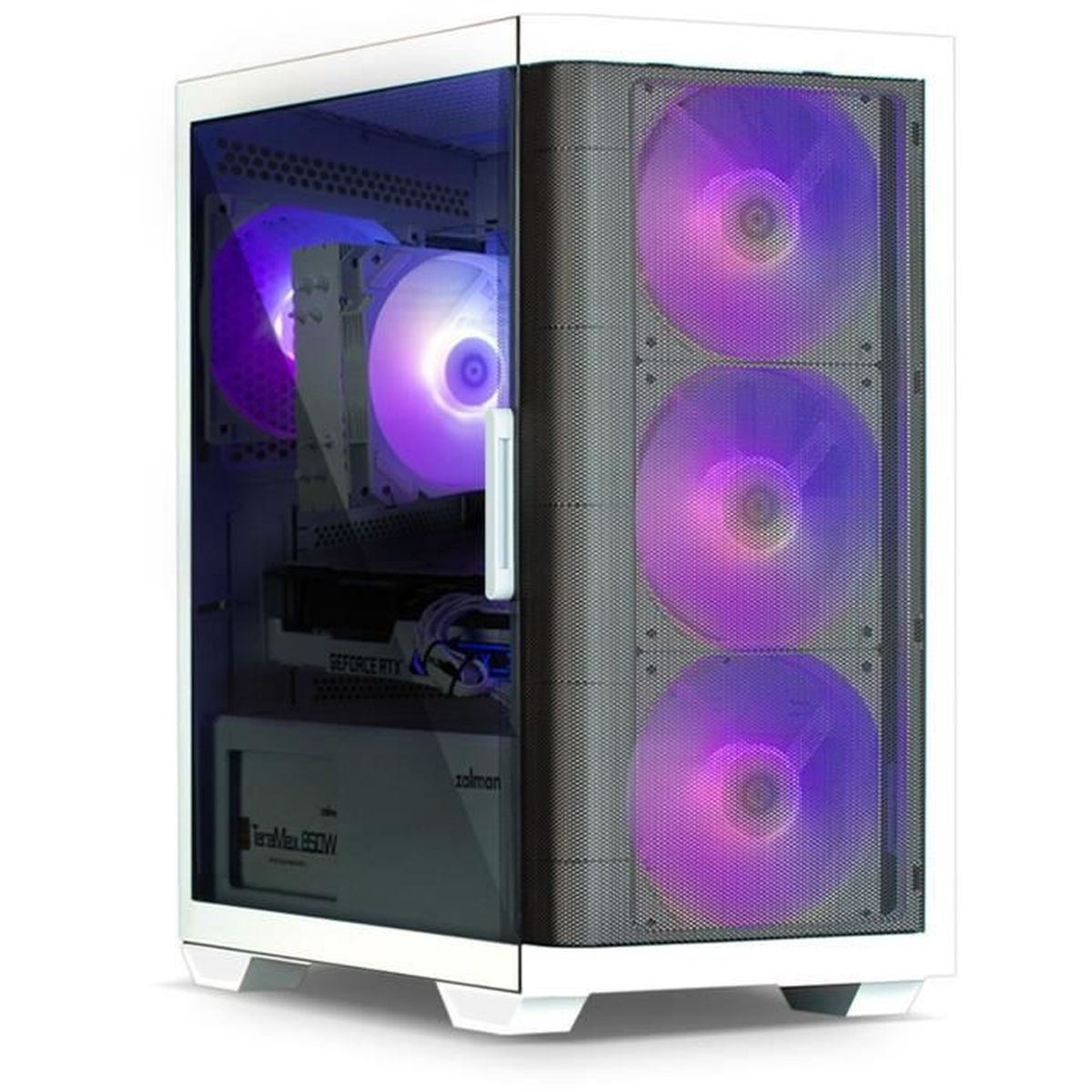 Case per computer bianco con lato in vetro, che mostra ventole e componenti interni.