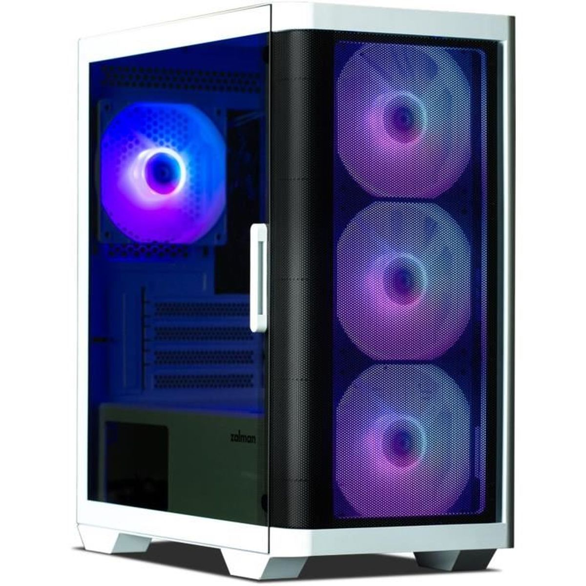 Case per computer con tre ventole illuminate, luci blu e viola, pannello laterale in vetro.