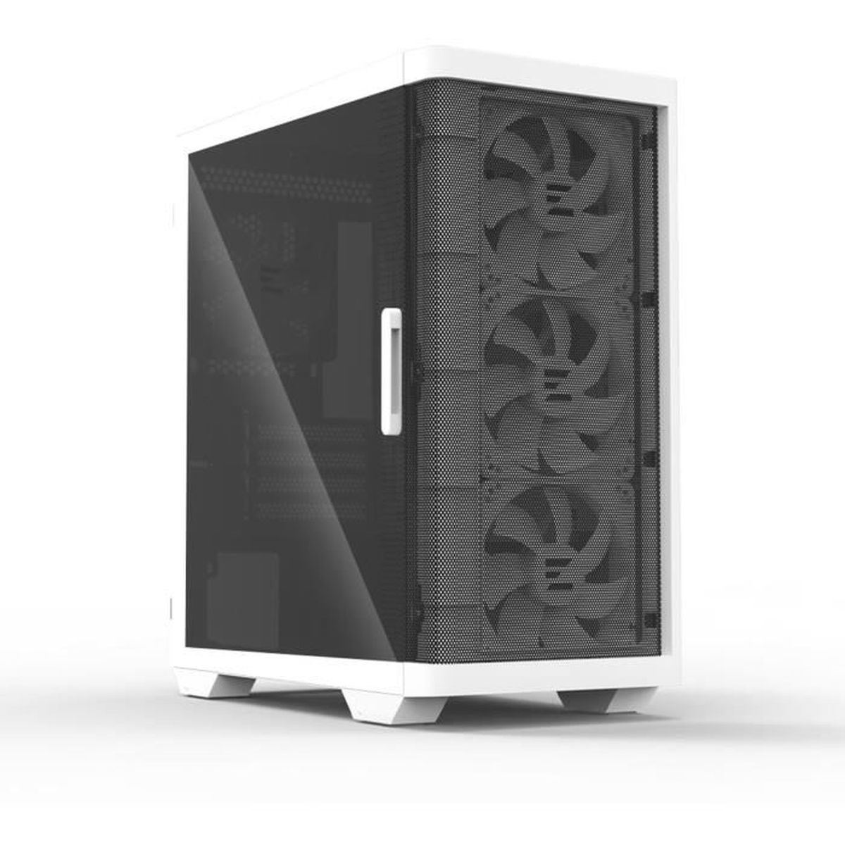 Case per computer bianco con un lato in vetro, che mostra ventole e componenti interni.