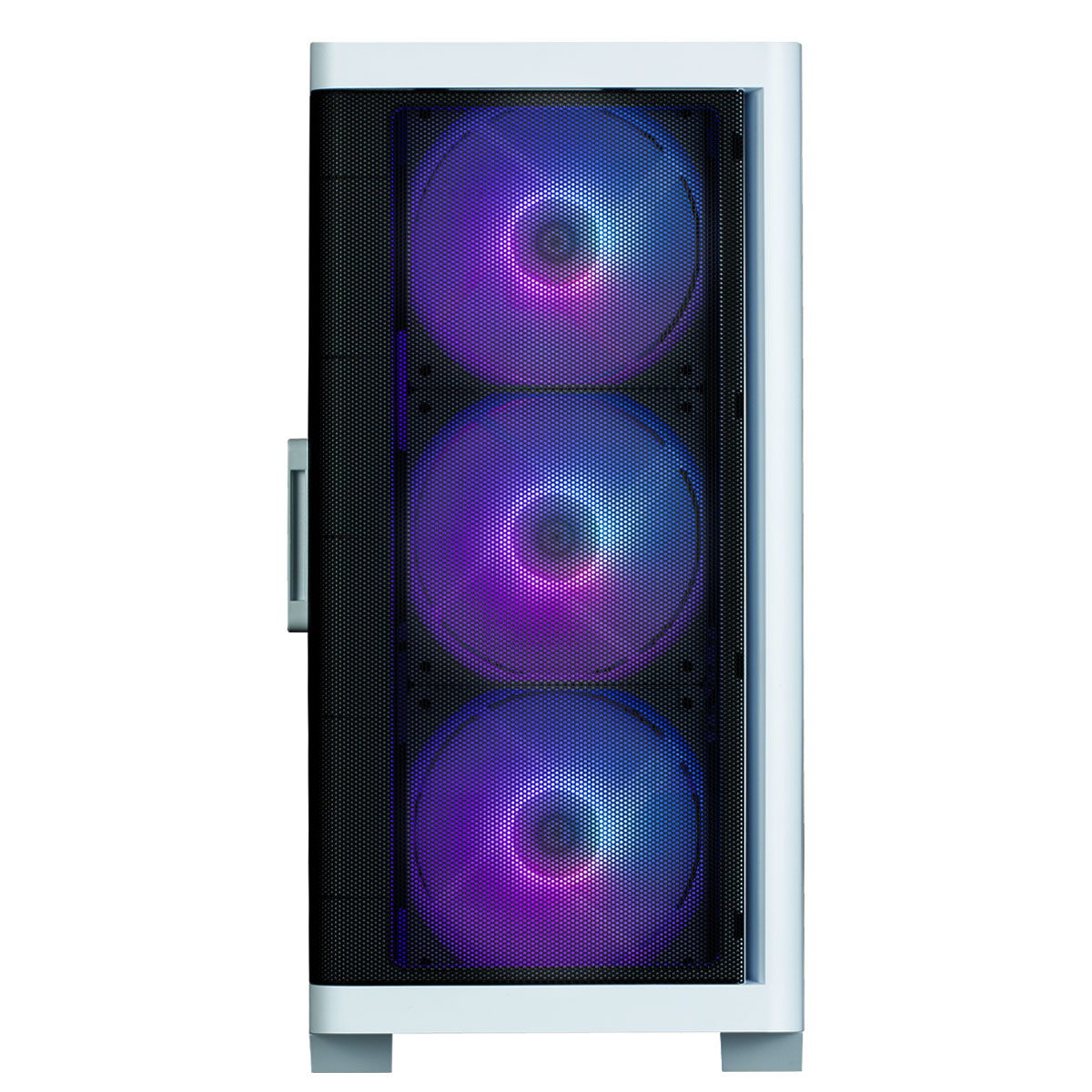 Case per computer bianco con tre ventole illuminate, luci viola e blu, frontale a rete nero.