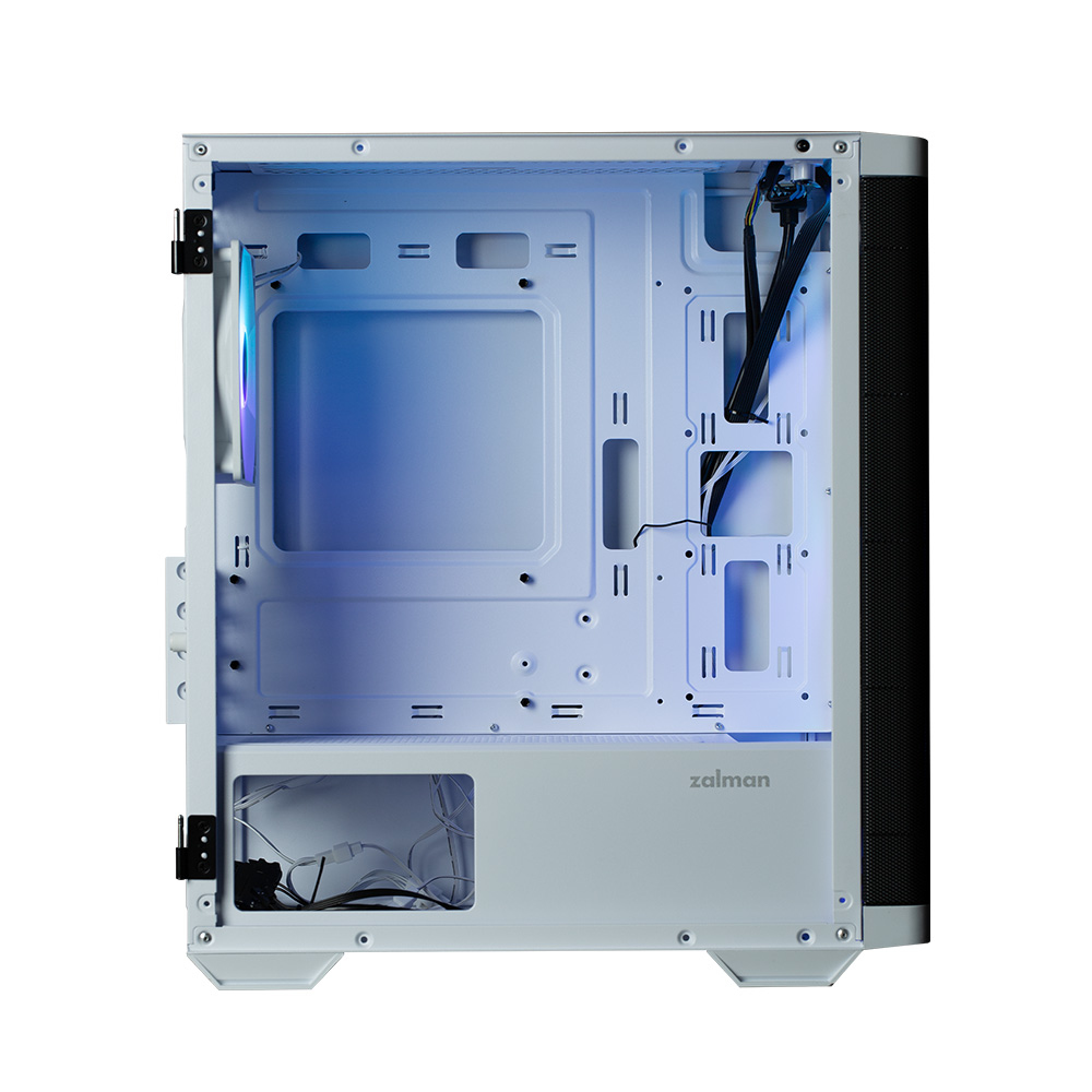 Interno di un case per computer bianco aperto, che mostra componenti e struttura interni.