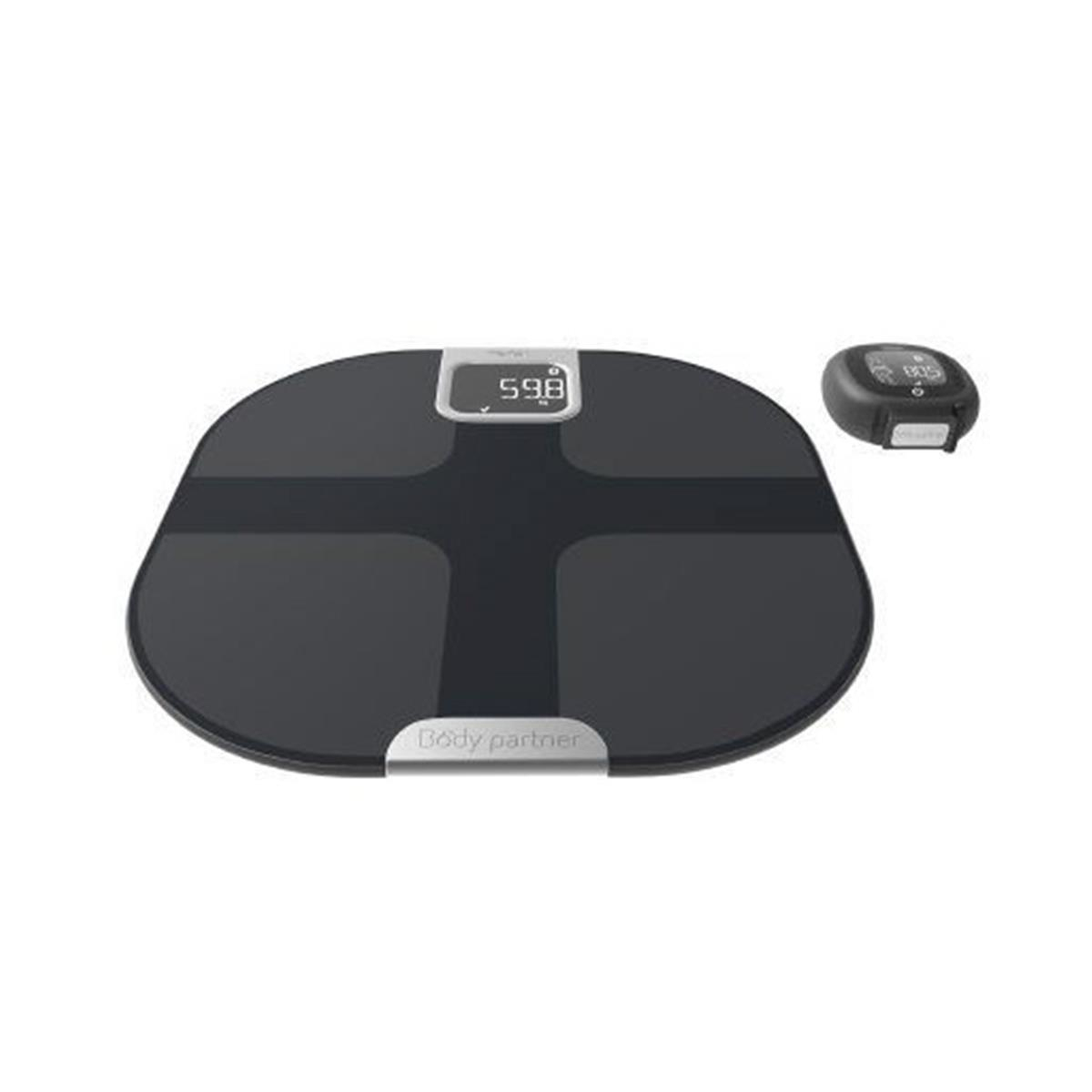 Czarna waga z czarnym wyświetlaczem zdalnym.