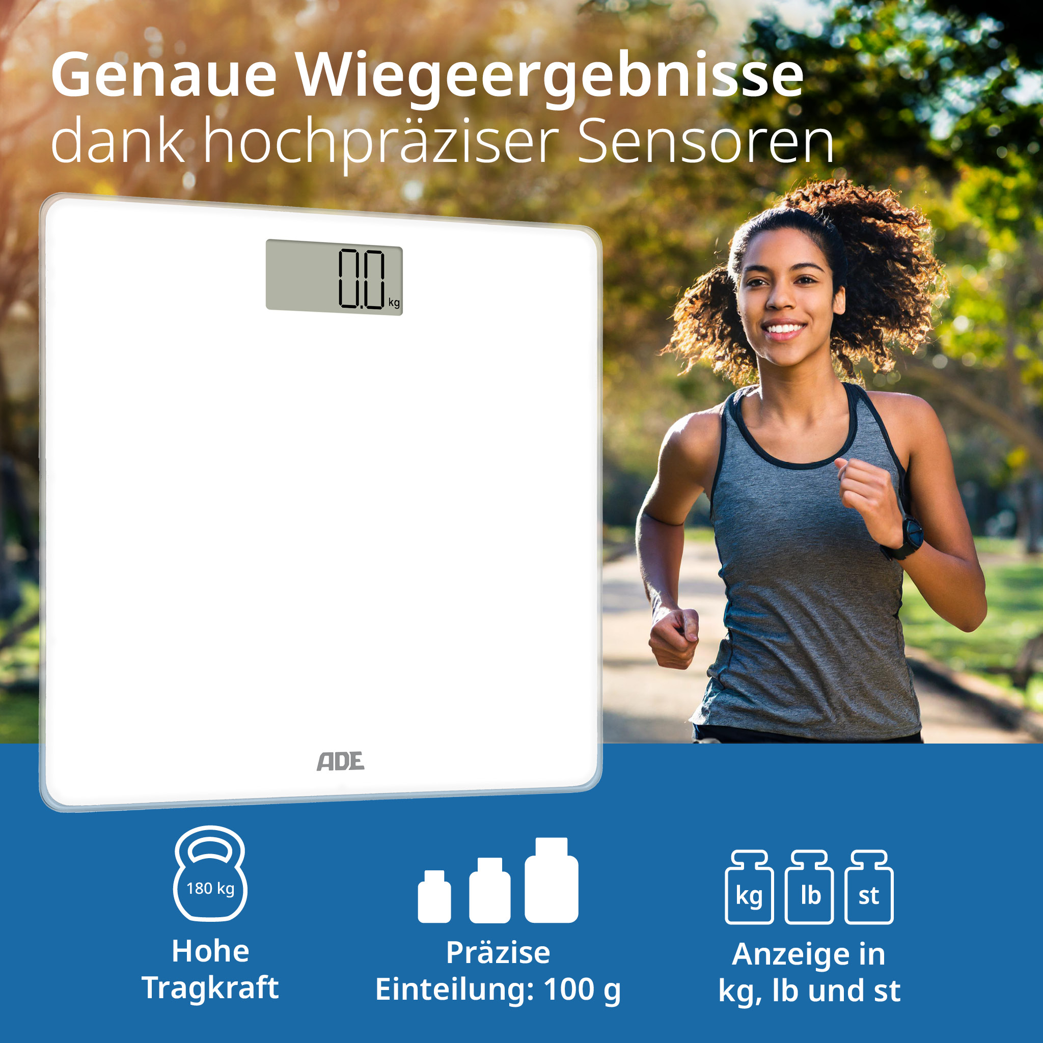 Kobieta biegnie obok białej wagi. Tekst i ikony są widoczne na obrazie.