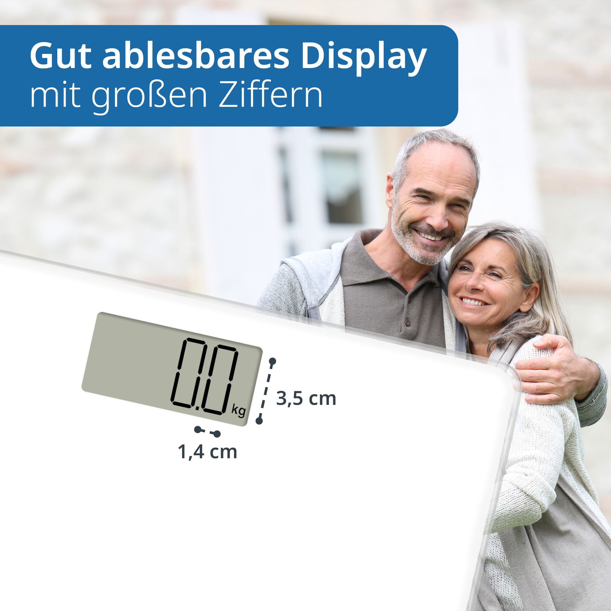 Para uśmiecha się do widza, z wagą cyfrową pokazującą wagę. Tekst: 'Gut lesbares Display mit großen Ziffern'.