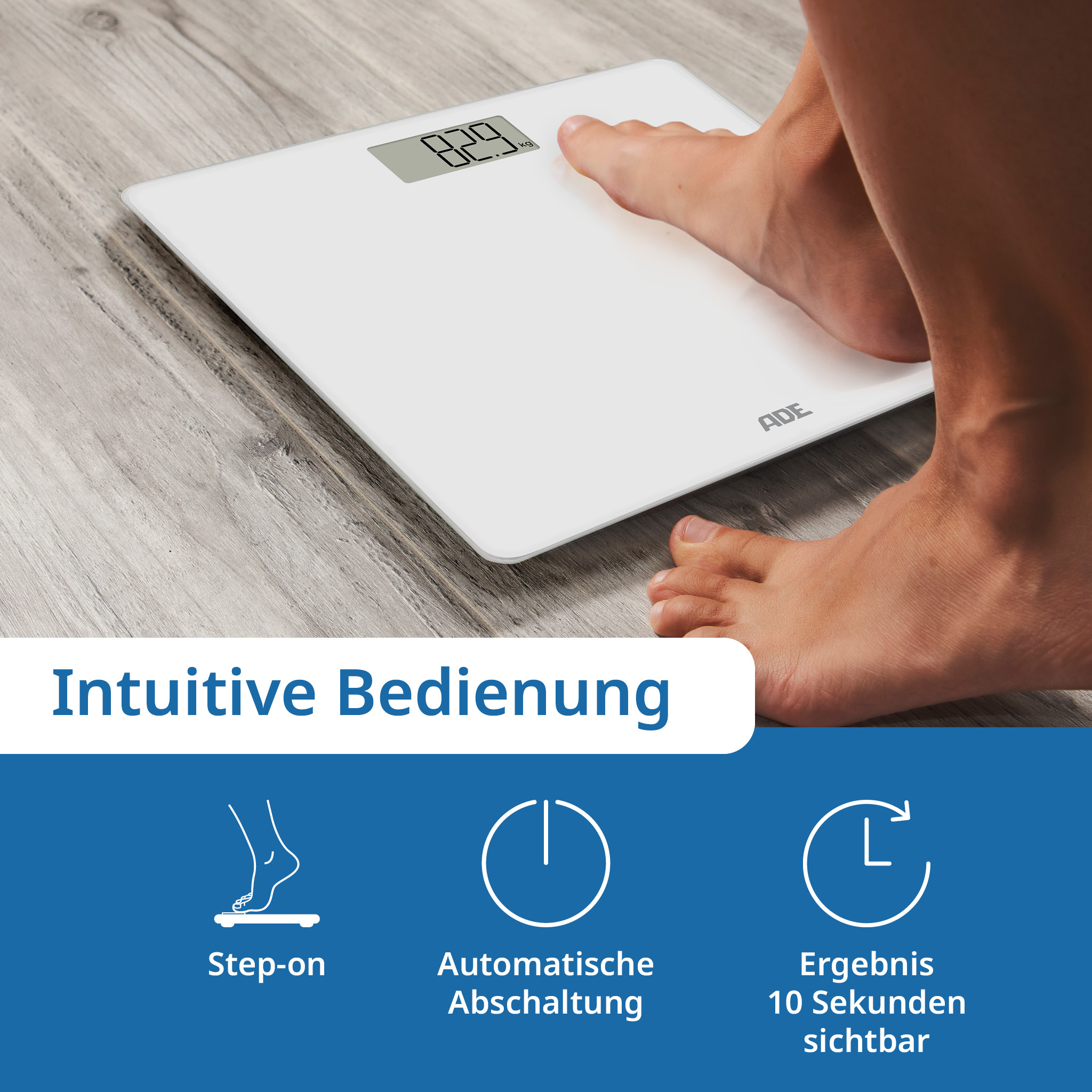 Biała waga z nagimi stopami osoby. Tekst poniżej: Intuicyjna obsługa.