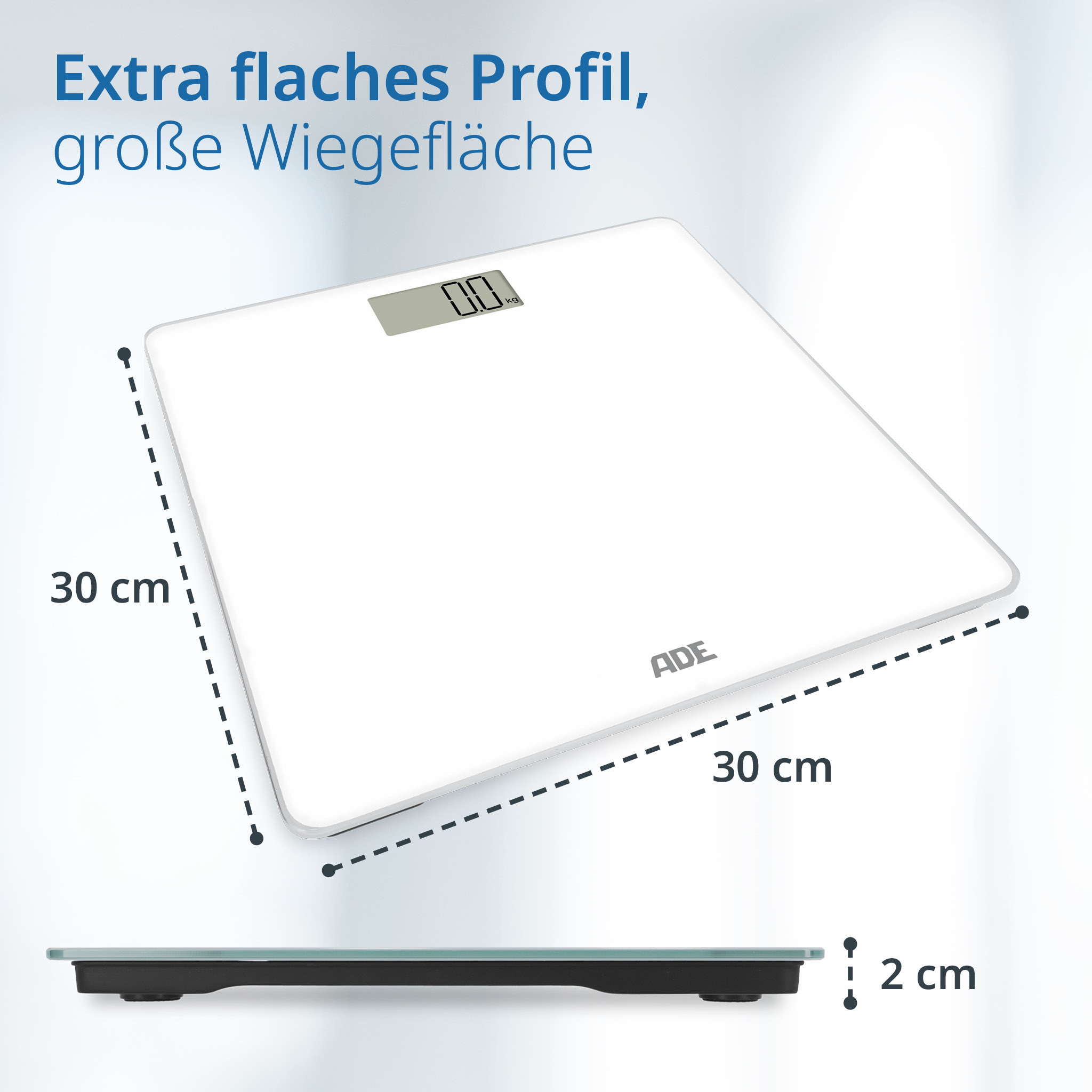 Biała waga. Tekst mówi: Bardzo płaski profil, duża powierzchnia ważenia. Podano wymiary.