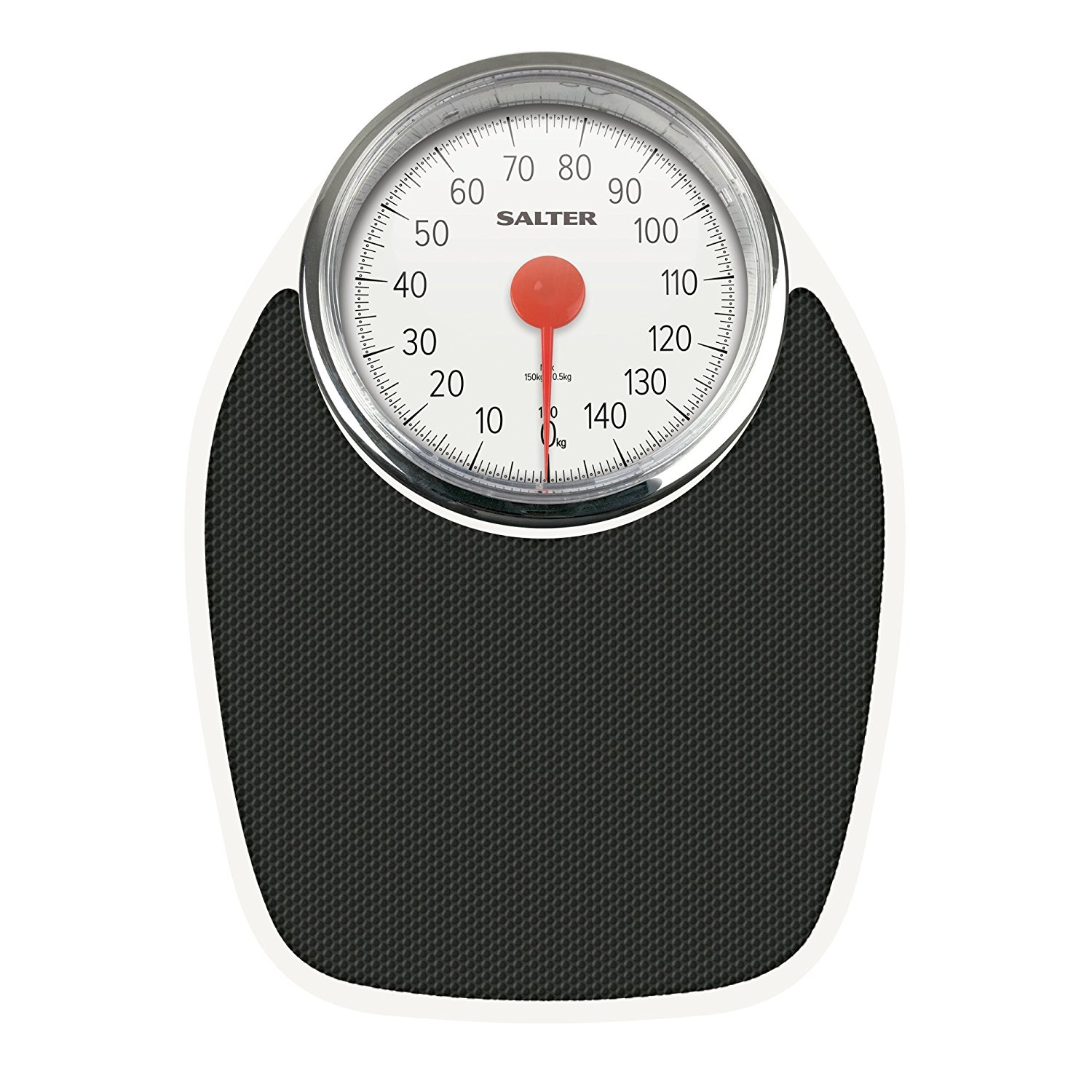 Biało-czarna waga łazienkowa z okrągłą tarczą, czerwoną wskazówką i czarną teksturowaną powierzchnią.