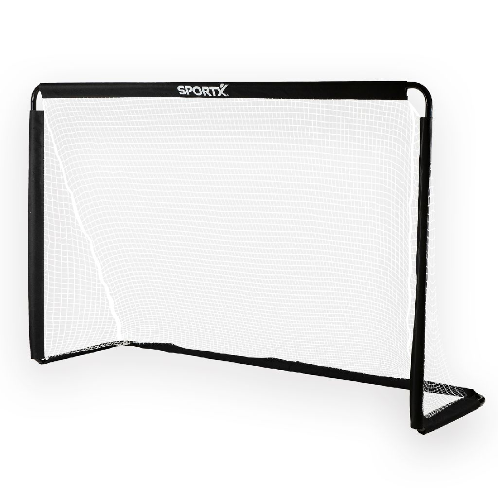 Una porta da calcio nera con una rete bianca, su sfondo bianco, con il logo Sportx.