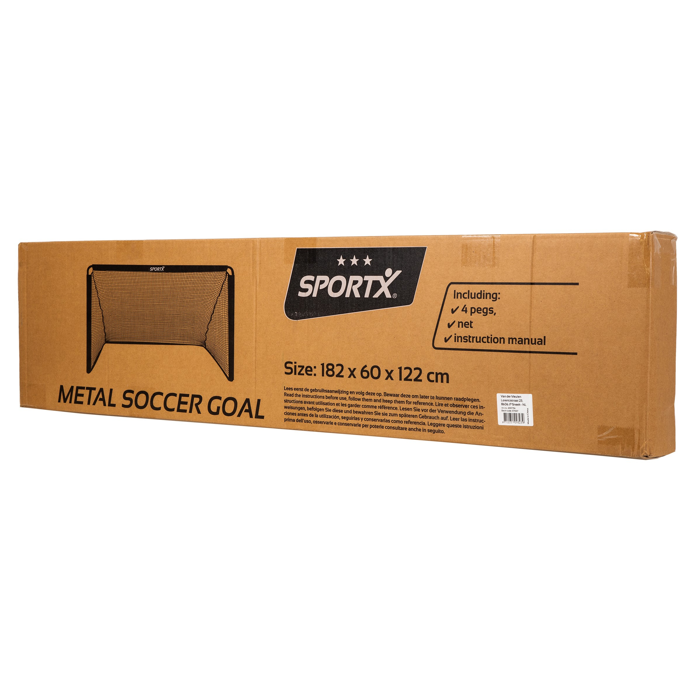 Una porta da calcio in metallo in una scatola. Il testo sulla scatola dice: METAL SOCCER GOAL, SPORTX.